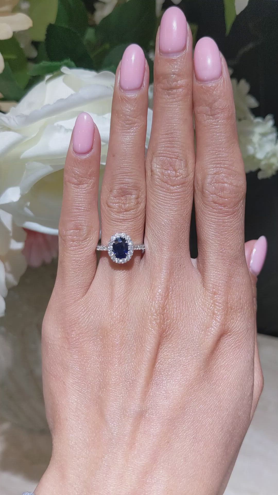0.87 Ct. Blue Sapphire and Natural Diamond Pave Ring, 18K White Gold Size Video