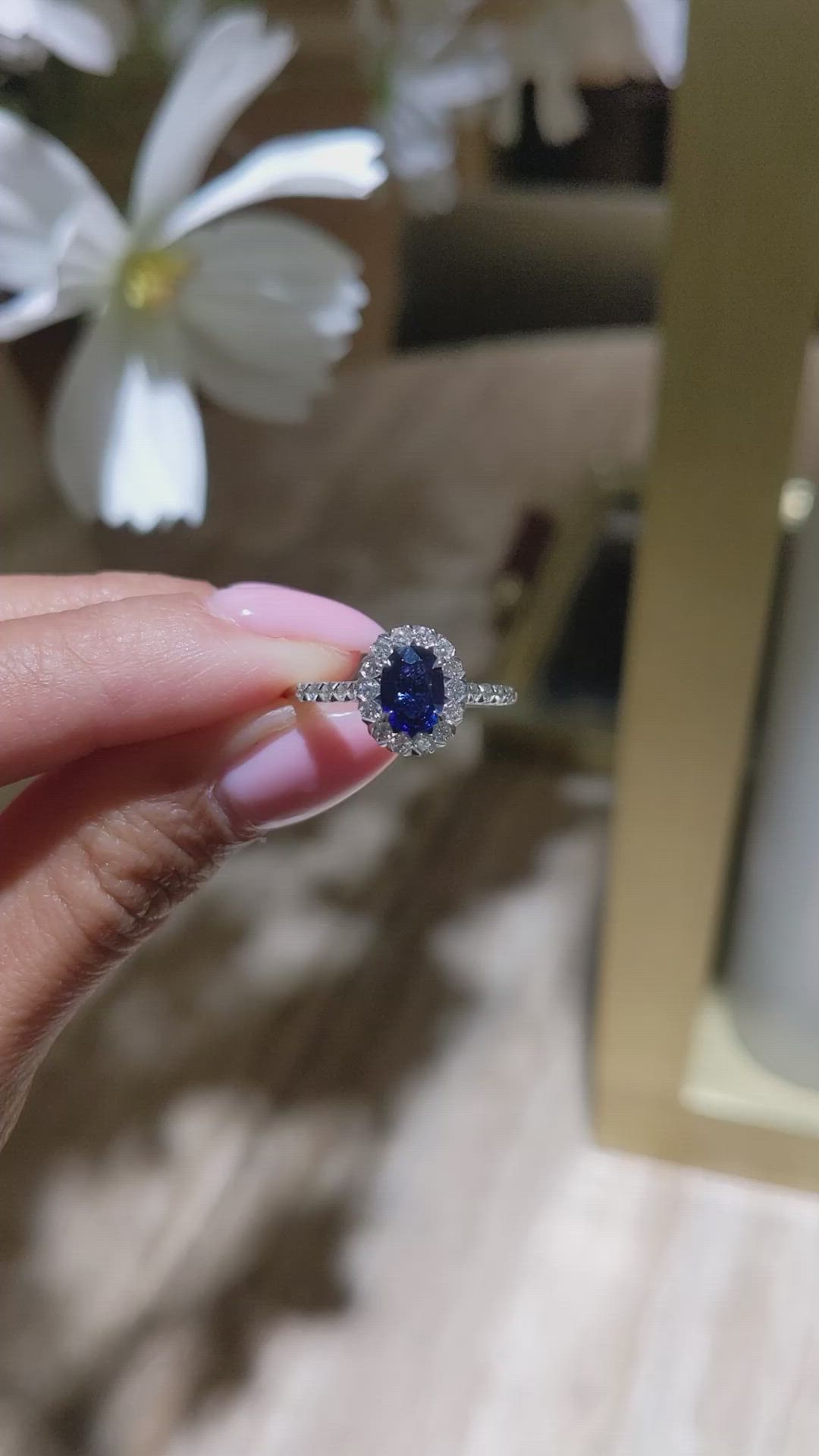 0.87 Ct. Blue Sapphire and Natural Diamond Pave Ring, 18K White Gold Size Video