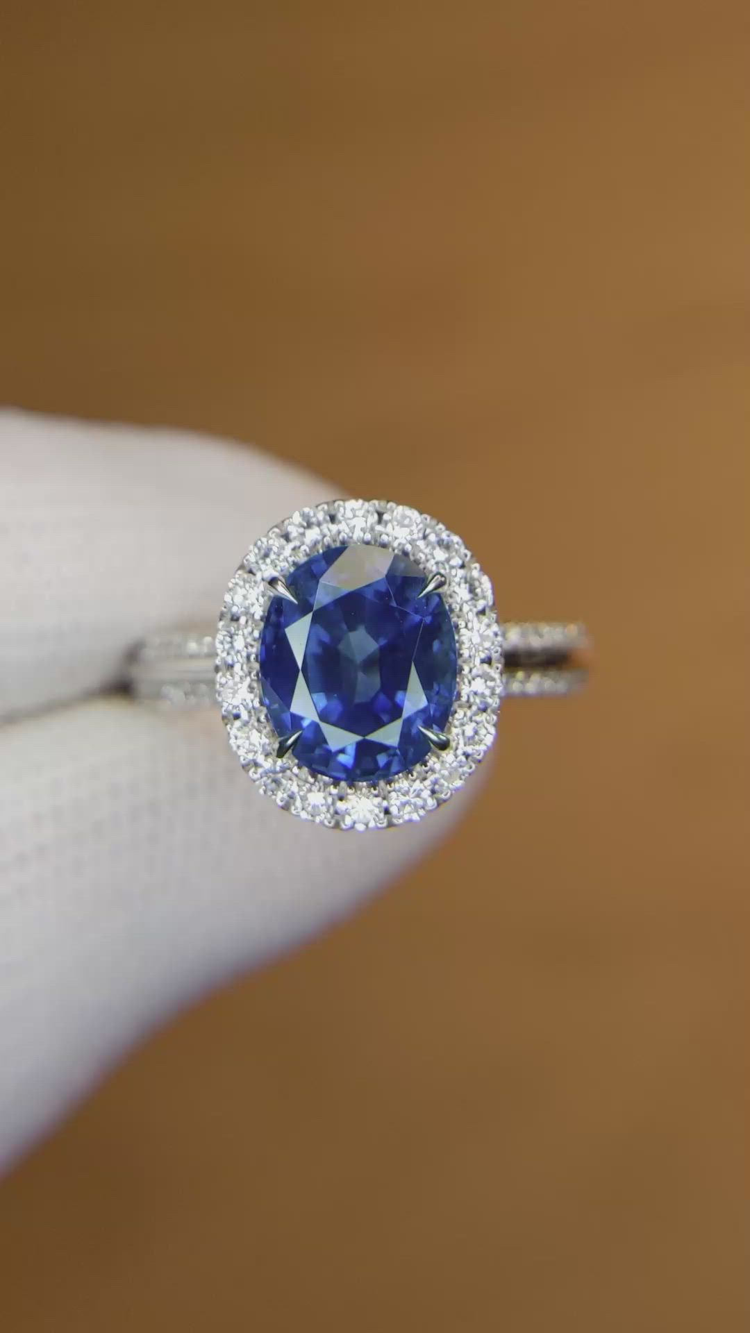 3.11 Ct. Blue Sapphire and Natural Diamond Pave Ring, 18K White Gold Size Video