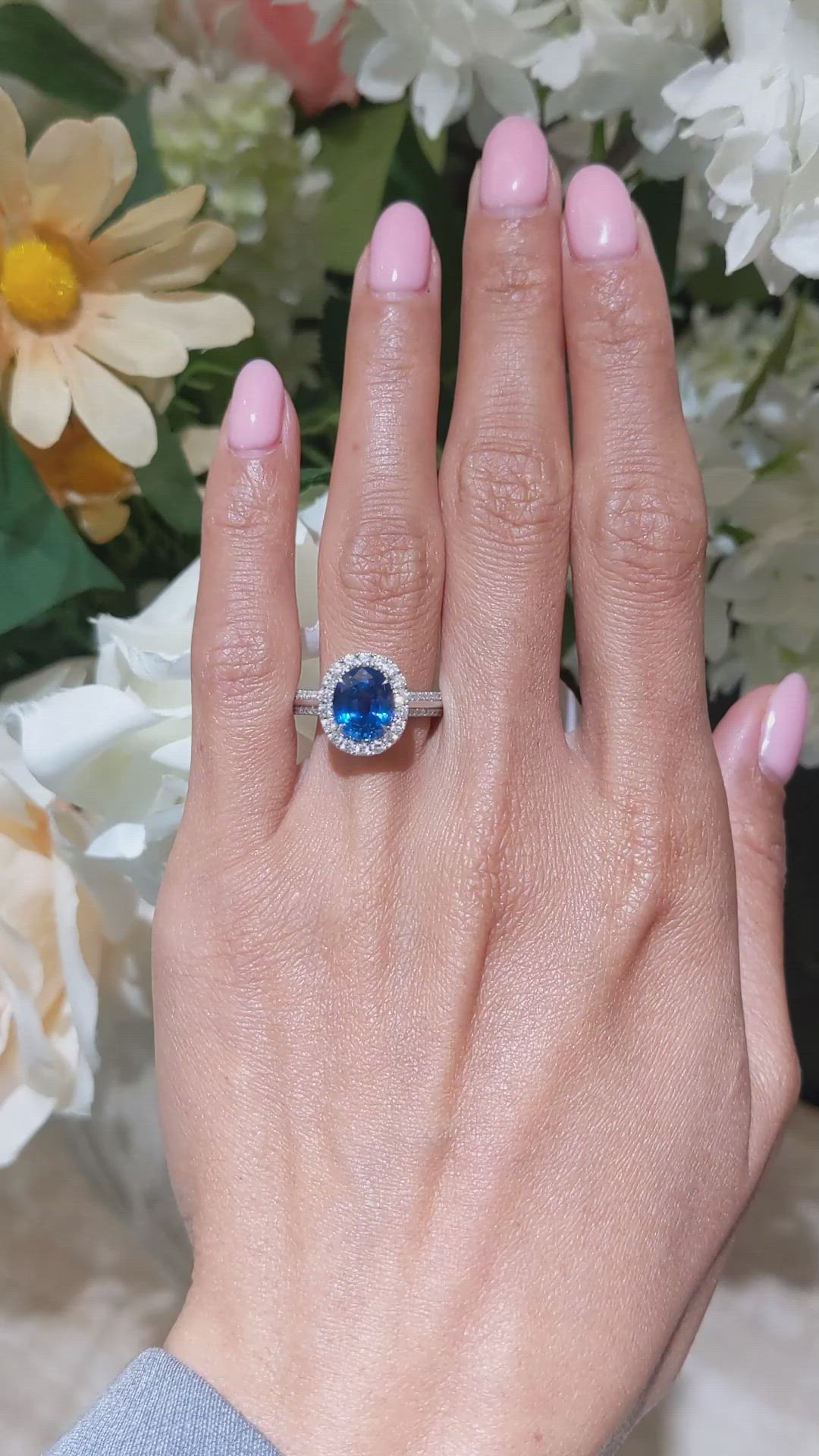 3.11 Ct. Blue Sapphire and Natural Diamond Pave Ring, 18K White Gold Size Video