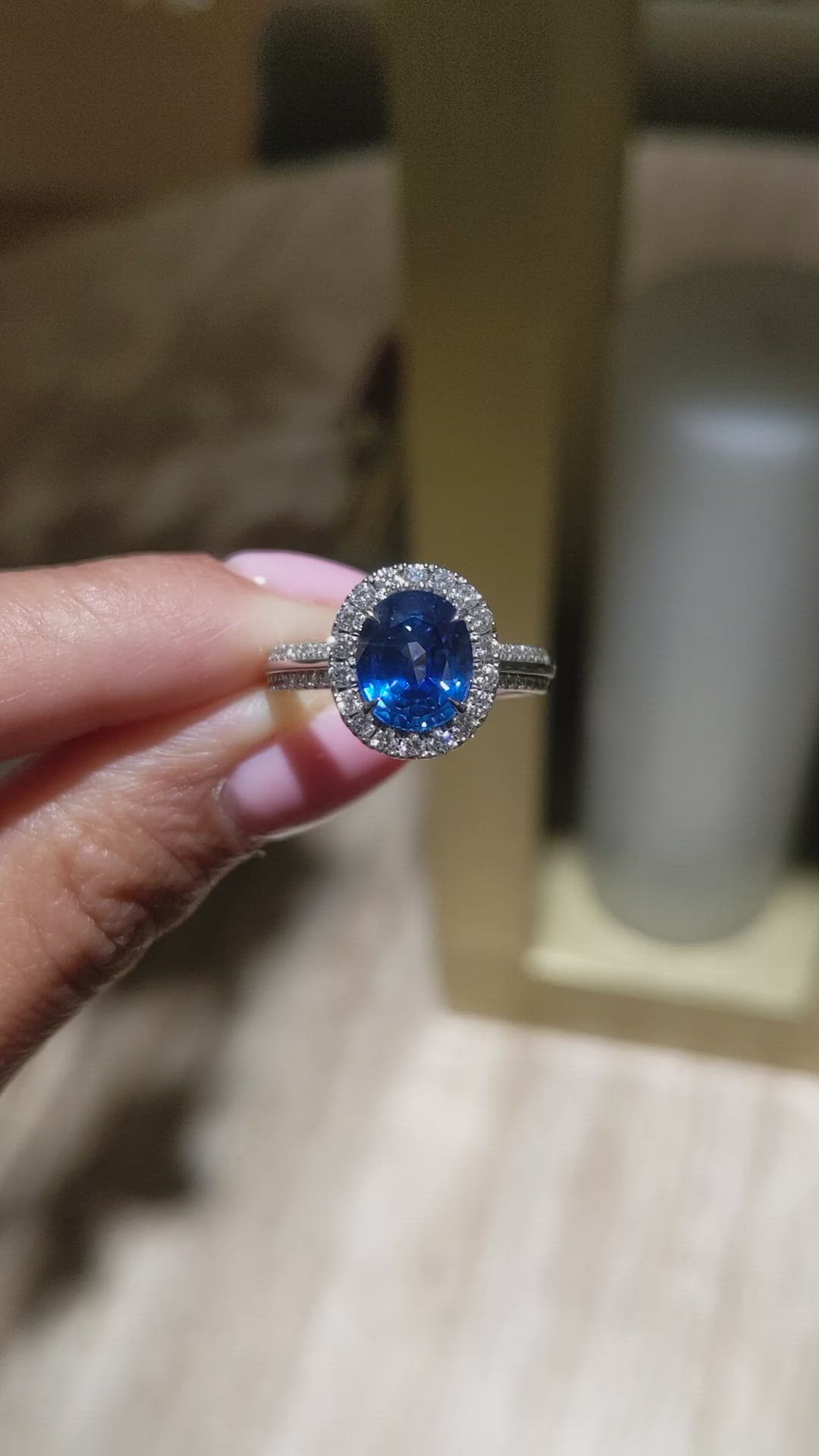 3.11 Ct. Blue Sapphire and Natural Diamond Pave Ring, 18K White Gold Size Video