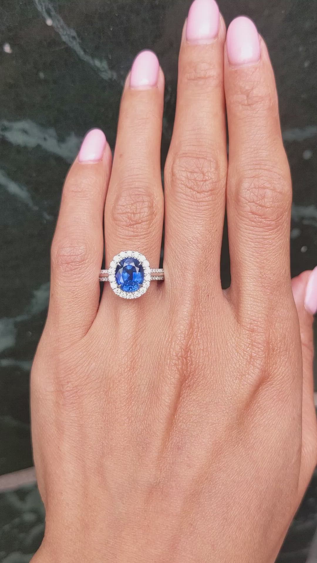 3.11 Ct. Blue Sapphire and Natural Diamond Pave Ring, 18K White Gold Size Video