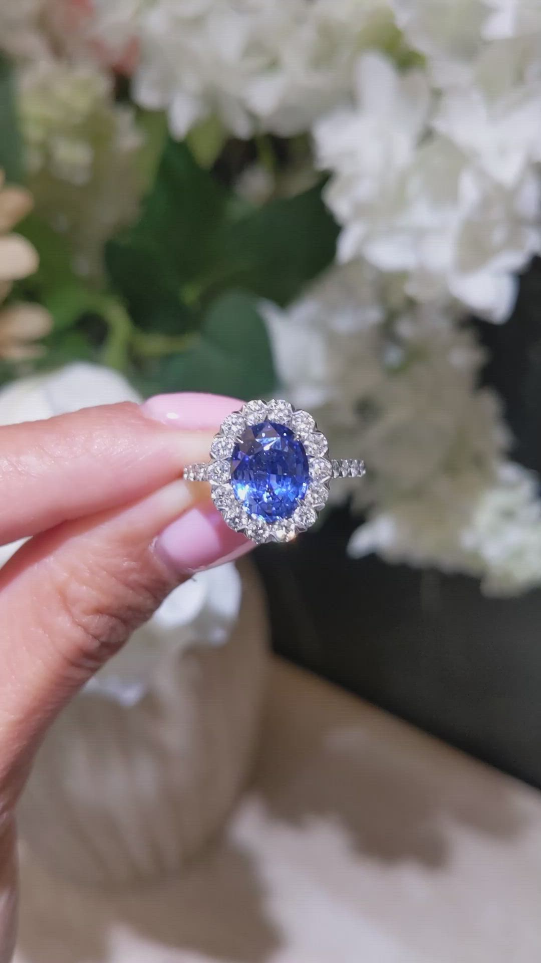 3.28 Ct. Blue Sapphire and Natural Diamond Pave Ring, 18K White Gold Size Video