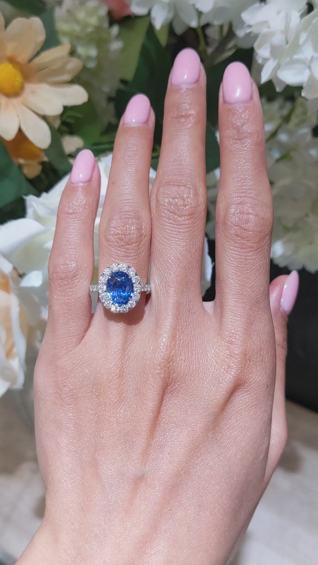 3.28 Ct. Blue Sapphire and Natural Diamond Pave Ring, 18K White Gold Size Video