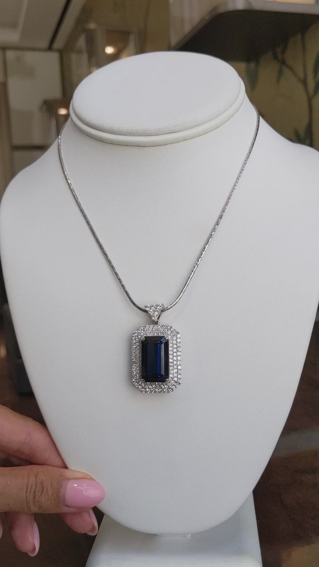 19.46 Ct. Greenish Blue Sapphire and Natural Diamond Pave Pendant, 18K White Gold Size Video