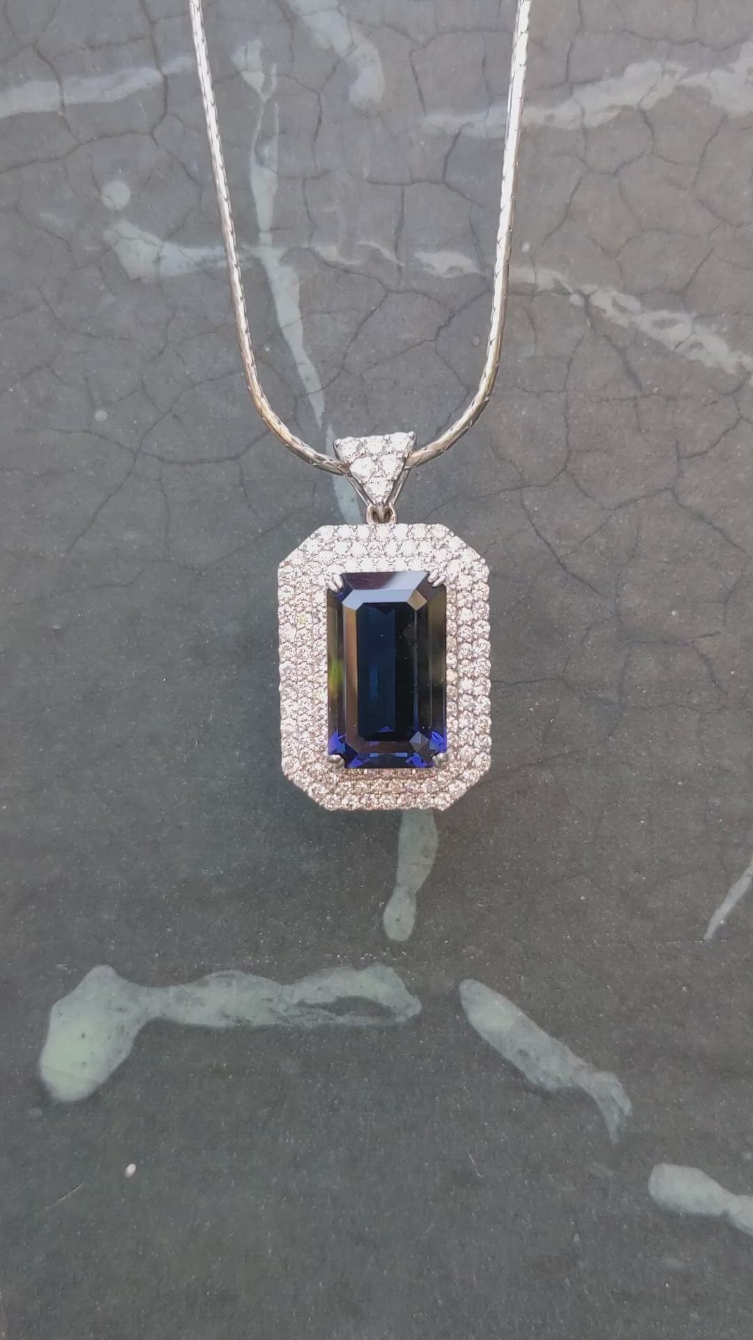 19.46 Ct. Greenish Blue Sapphire and Natural Diamond Pave Pendant, 18K White Gold Size Video