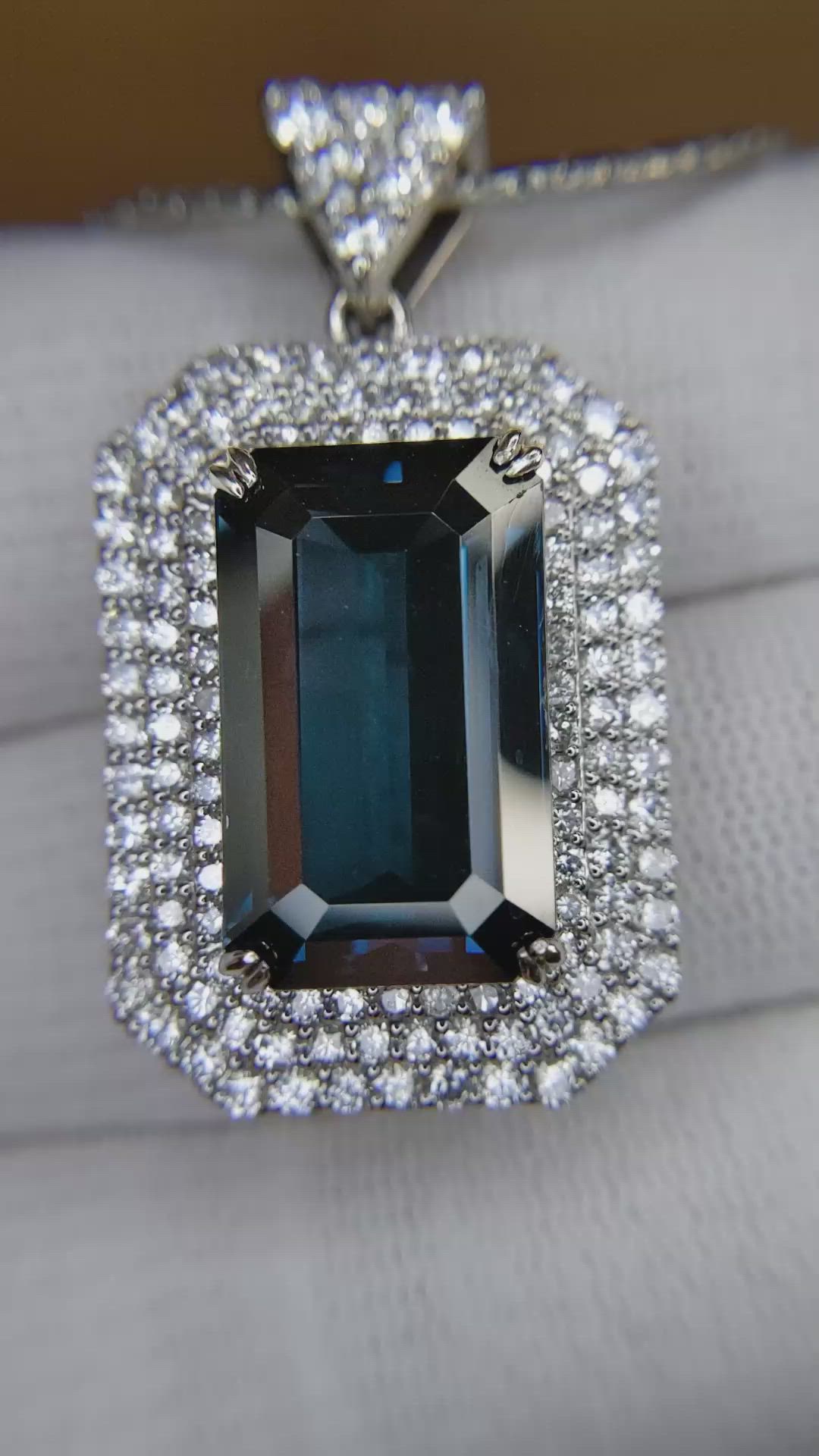 19.46 Ct. Greenish Blue Sapphire and Natural Diamond Pave Pendant, 18K White Gold Size Video