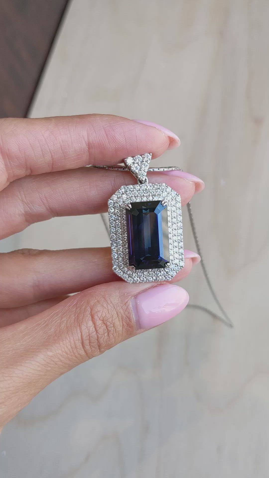 19.46 Ct. Greenish Blue Sapphire and Natural Diamond Pave Pendant, 18K White Gold Size Video
