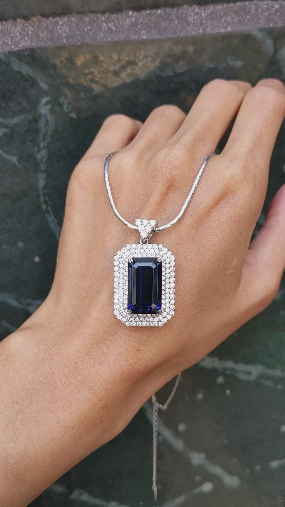 19.46 Ct. Greenish Blue Sapphire and Natural Diamond Pave Pendant, 18K White Gold Size Video