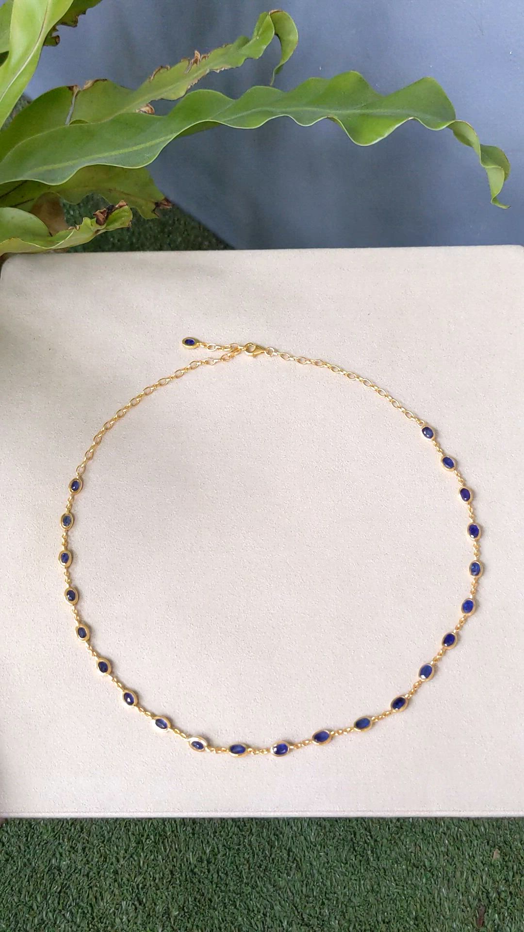 9.17 Ct. Blue Sapphire Bezel Necklace, 22K Gold Plated Silver Size Video