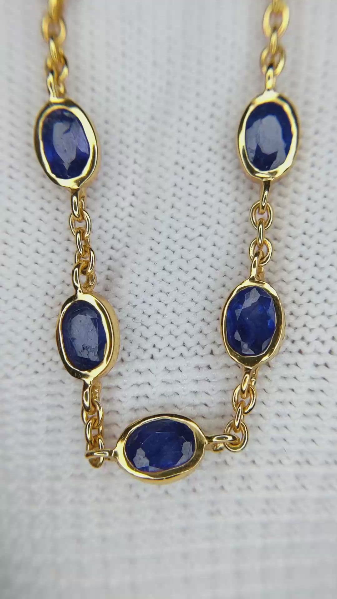 9.17 Ct. Blue Sapphire Bezel Necklace, 22K Gold Plated Silver Size Video