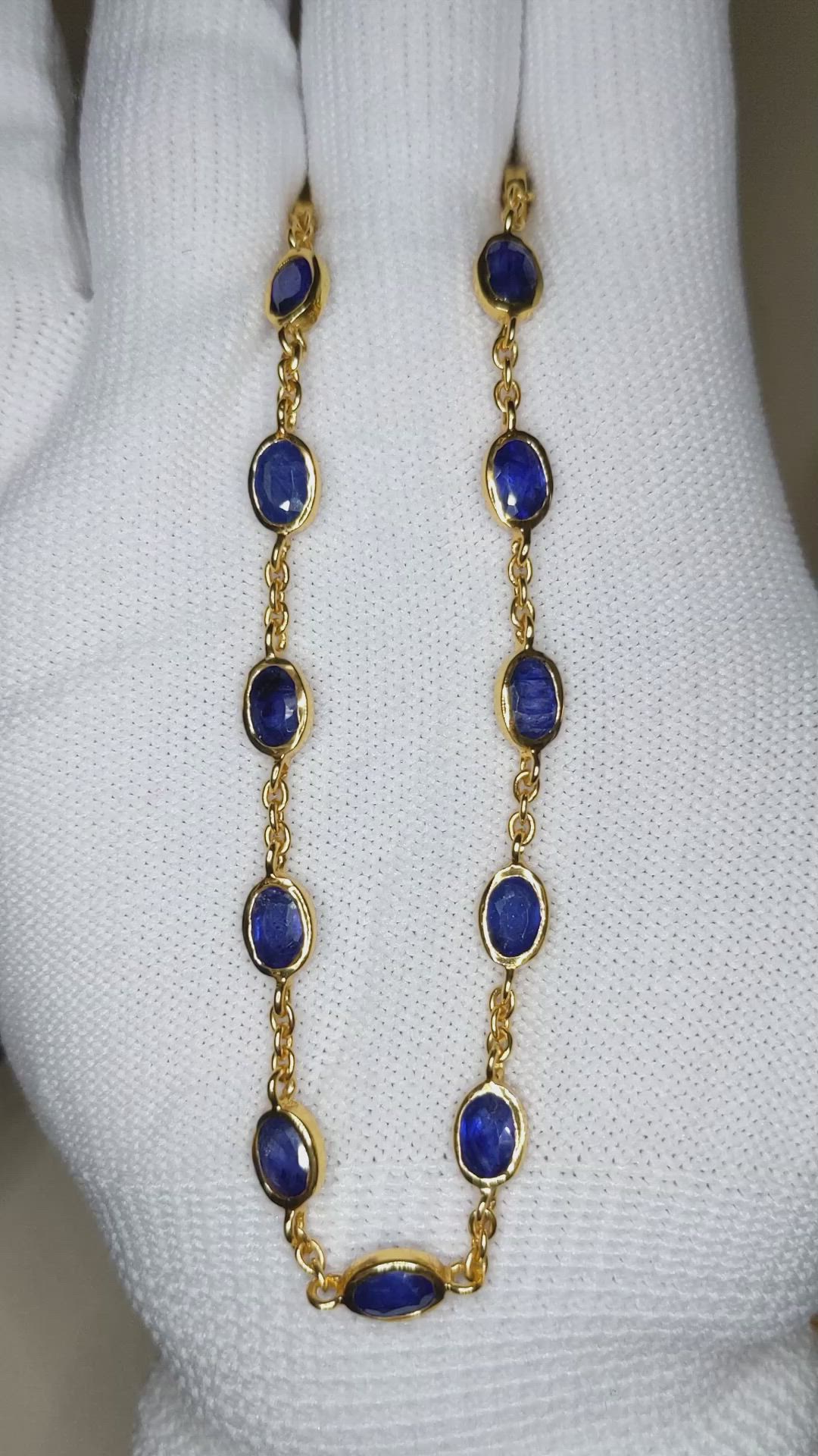 9.17 Ct. Blue Sapphire Bezel Necklace, 22K Gold Plated Silver Size Video