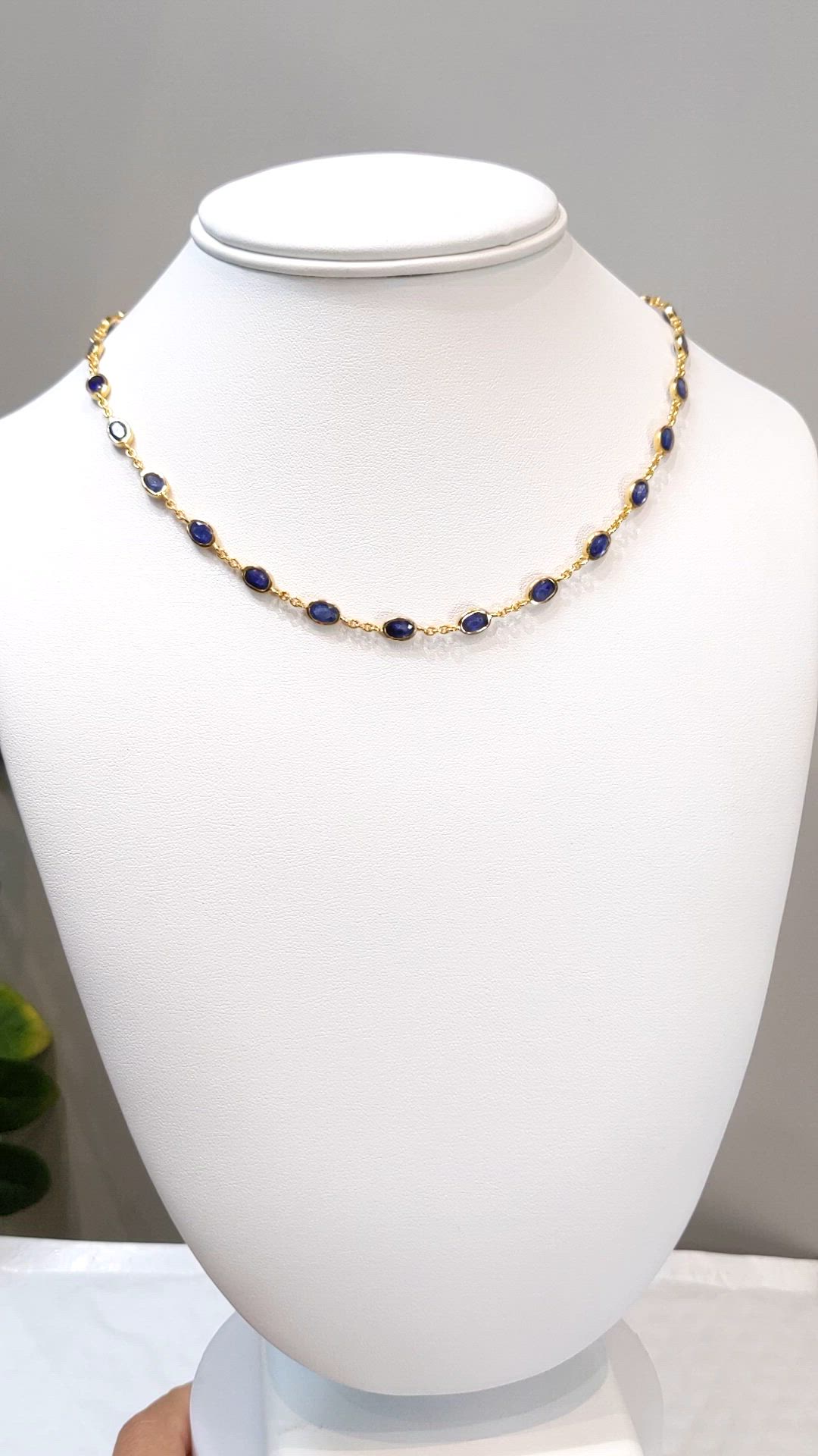 9.17 Ct. Blue Sapphire Bezel Necklace, 22K Gold Plated Silver Size Video