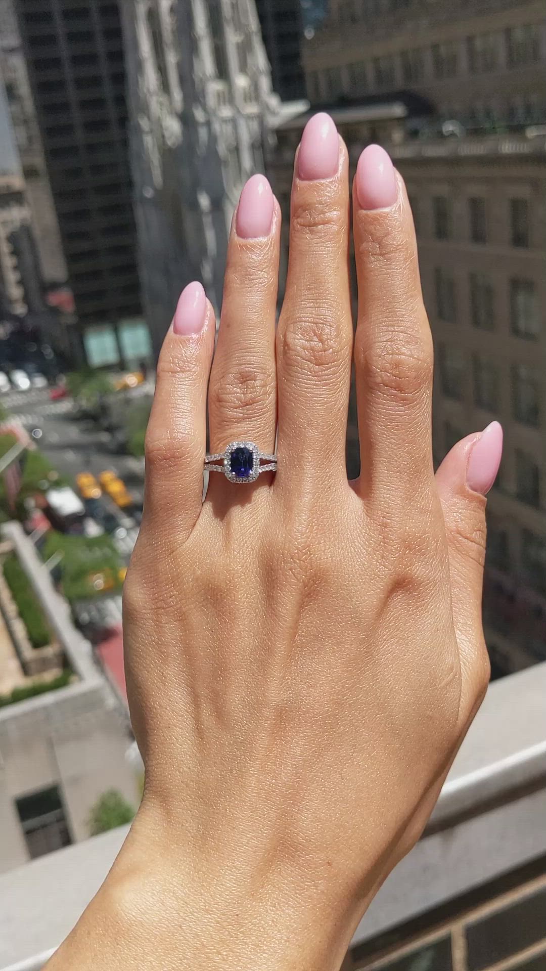 1.02 Ct. Blue Sapphire and Natural Diamond Pave Ring, 18K White Gold Size Video