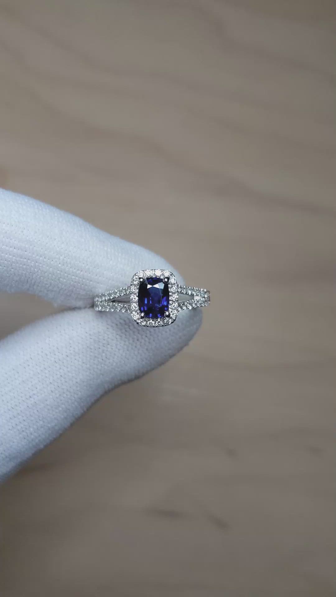 1.02 Ct. Blue Sapphire and Natural Diamond Pave Ring, 18K White Gold Size Video