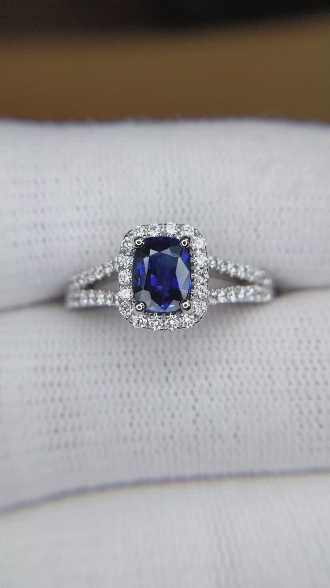 1.02 Ct. Blue Sapphire and Natural Diamond Pave Ring, 18K White Gold Size Video