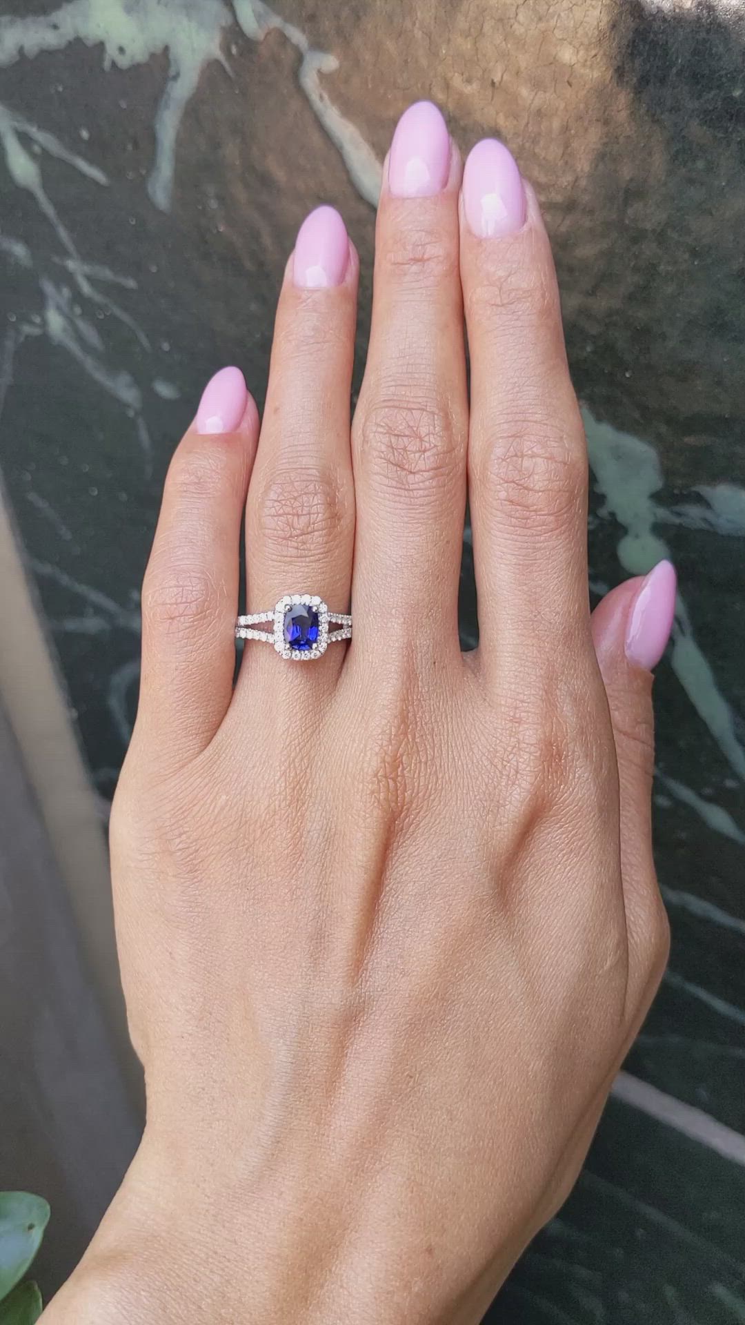 1.02 Ct. Blue Sapphire and Natural Diamond Pave Ring, 18K White Gold Size Video