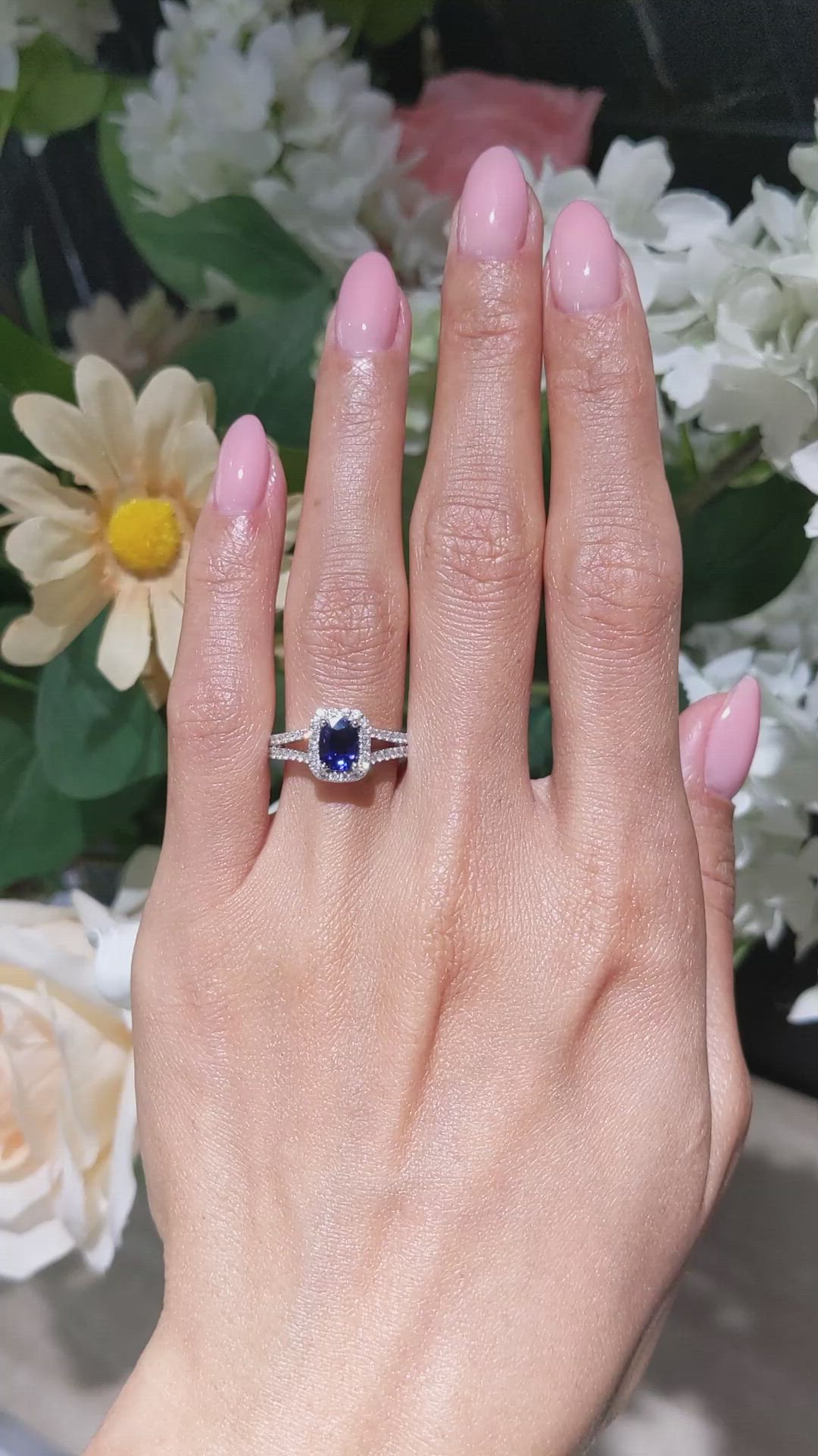 1.02 Ct. Blue Sapphire and Natural Diamond Pave Ring, 18K White Gold Size Video
