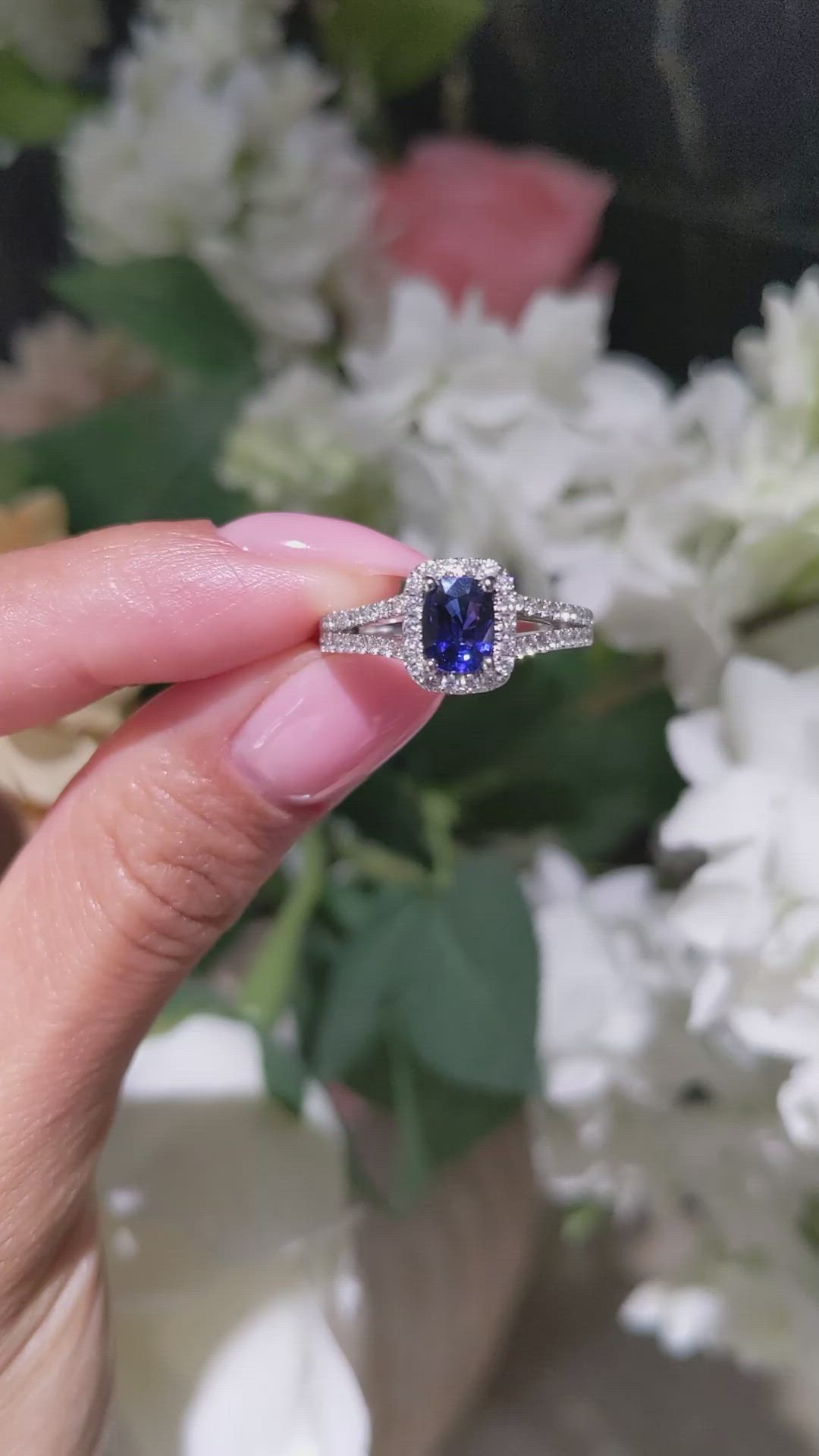 1.02 Ct. Blue Sapphire and Natural Diamond Pave Ring, 18K White Gold Size Video