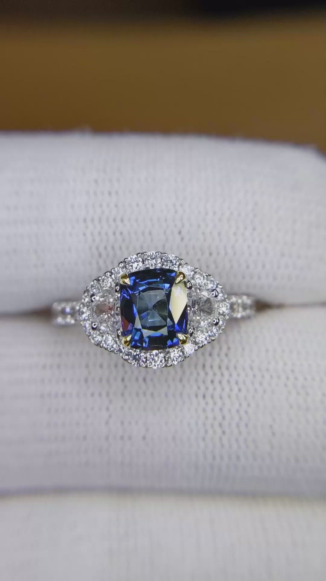 1.72 Ct. Blue Sapphire and Natural Diamond Pave Ring, 18K White Gold Size Video
