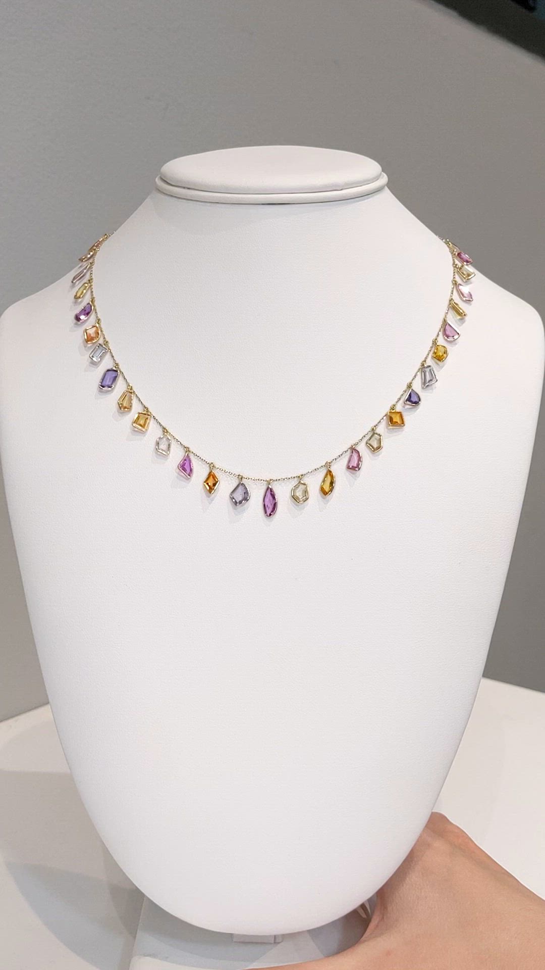 18.49 Ct. Multi Color Sapphire Bezel Necklace, 14K Yellow Gold Size Video