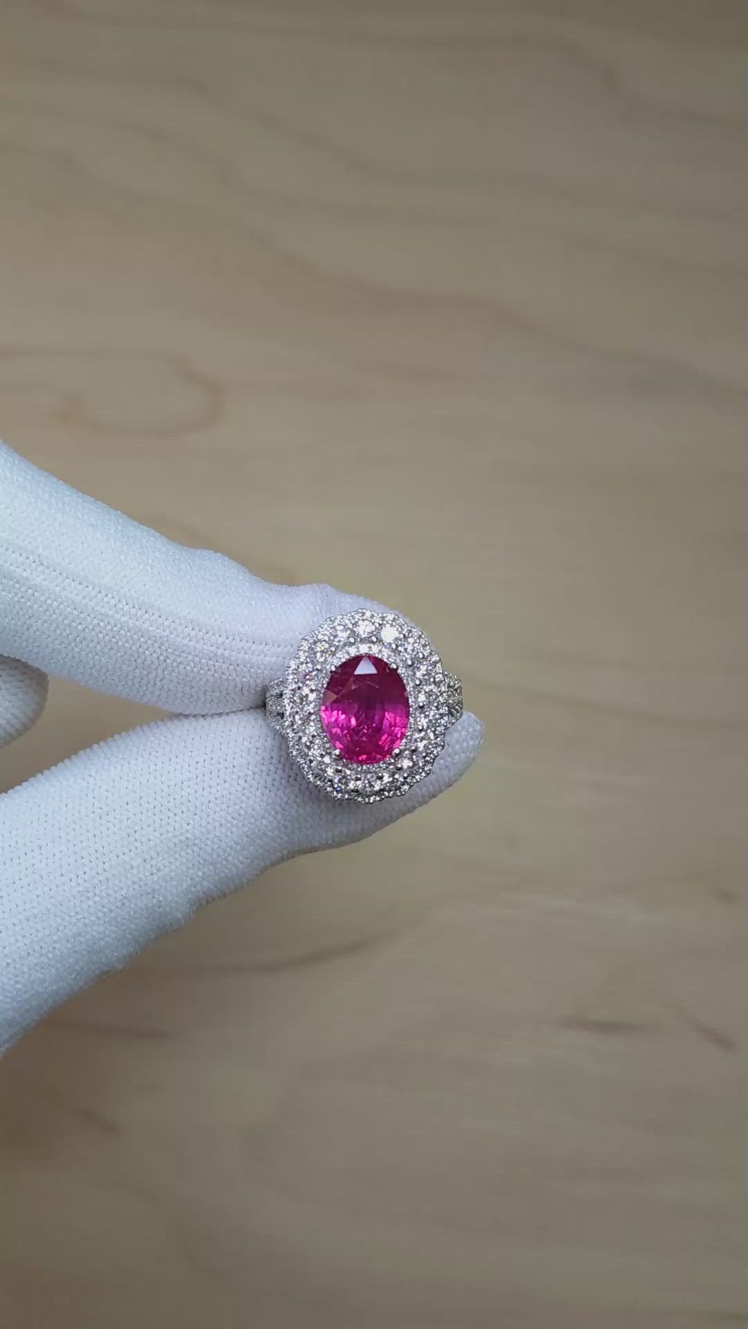 4.13 Ct. Pink Sapphire and Natural Diamond Pave Ring, 18K White Gold Size Video