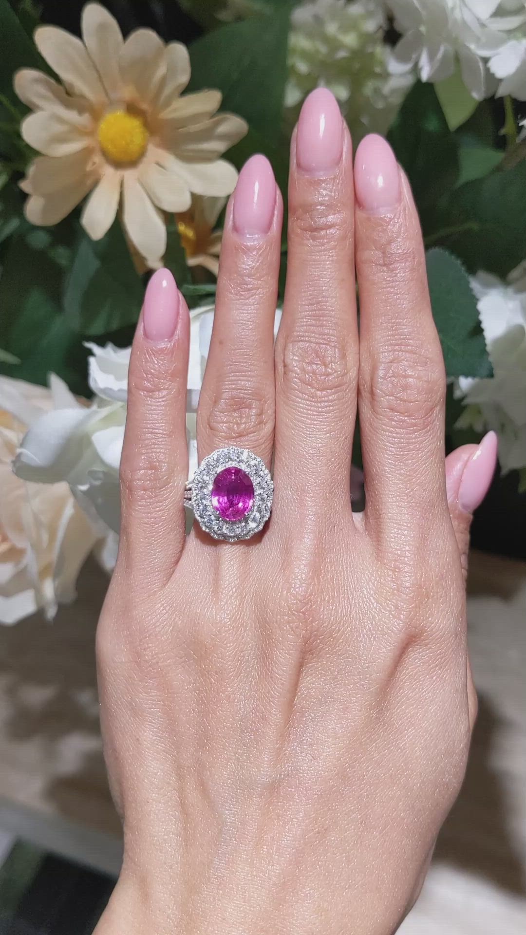 4.13 Ct. Pink Sapphire and Natural Diamond Pave Ring, 18K White Gold Size Video