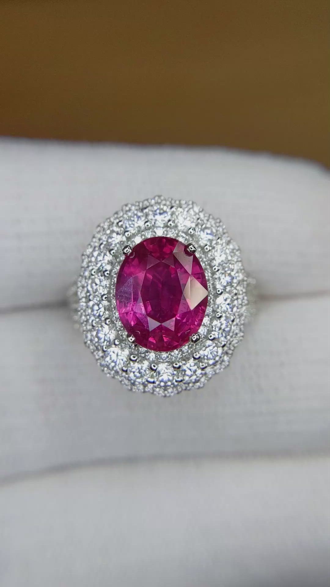 4.13 Ct. Pink Sapphire and Natural Diamond Pave Ring, 18K White Gold Size Video