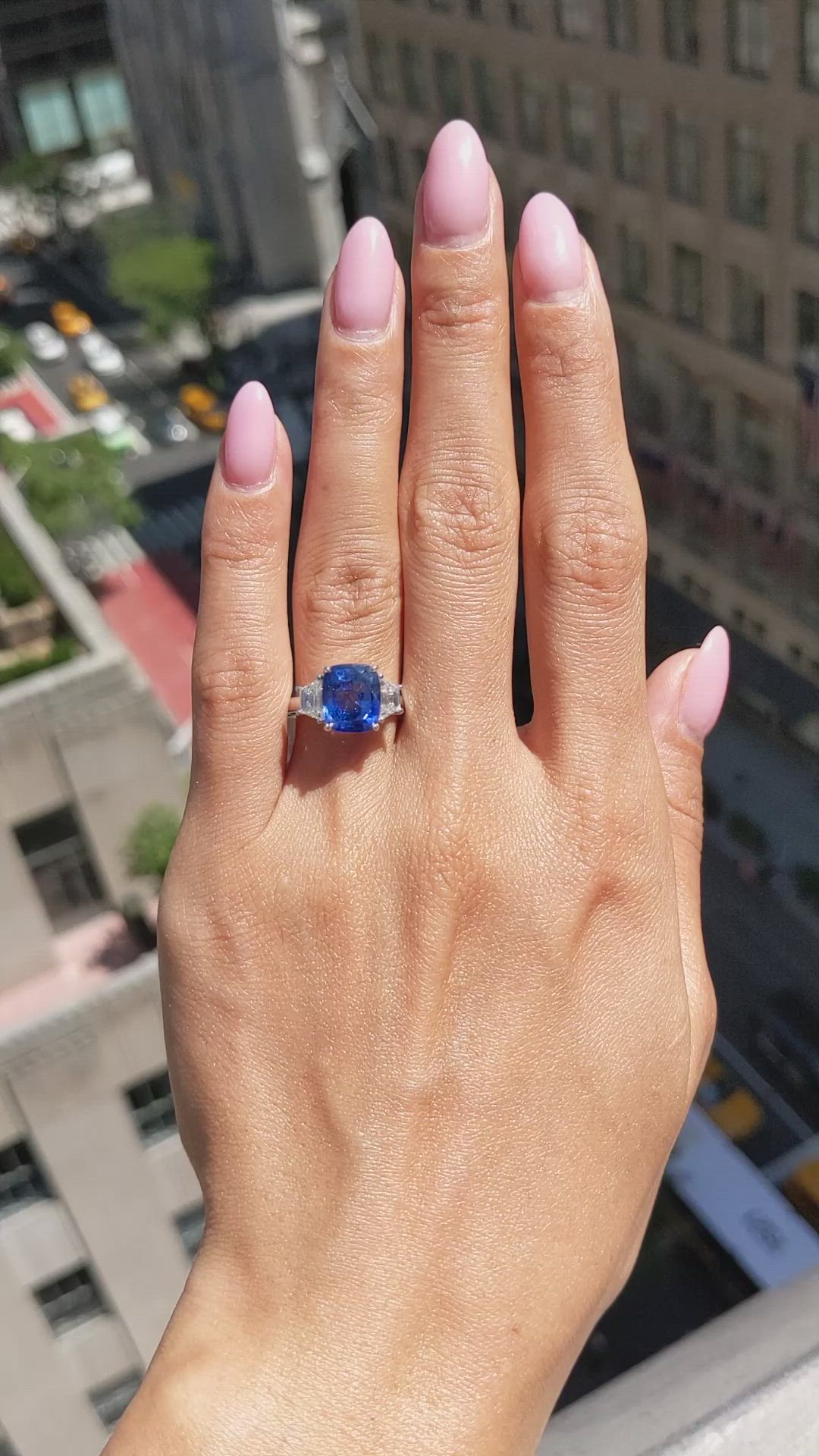 4.31 Ct. Blue Sapphire and Natural Diamond Three Stone Ring, 18K White Gold Size Video