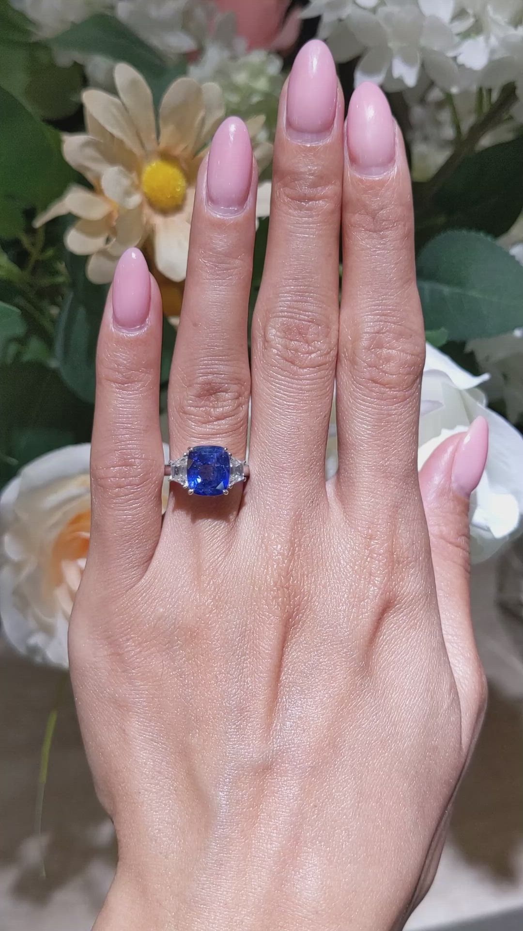 4.31 Ct. Blue Sapphire and Natural Diamond Three Stone Ring, 18K White Gold Size Video