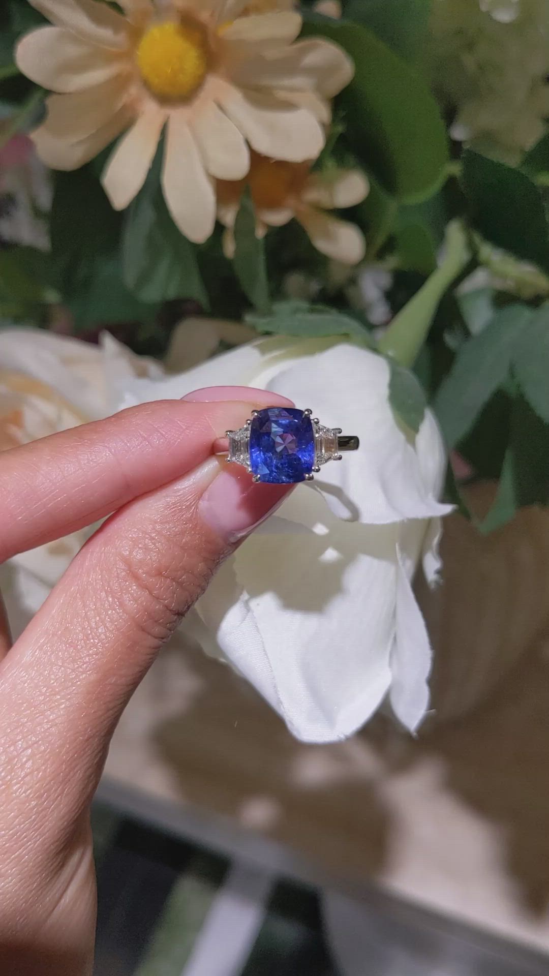 4.31 Ct. Blue Sapphire and Natural Diamond Three Stone Ring, 18K White Gold Size Video