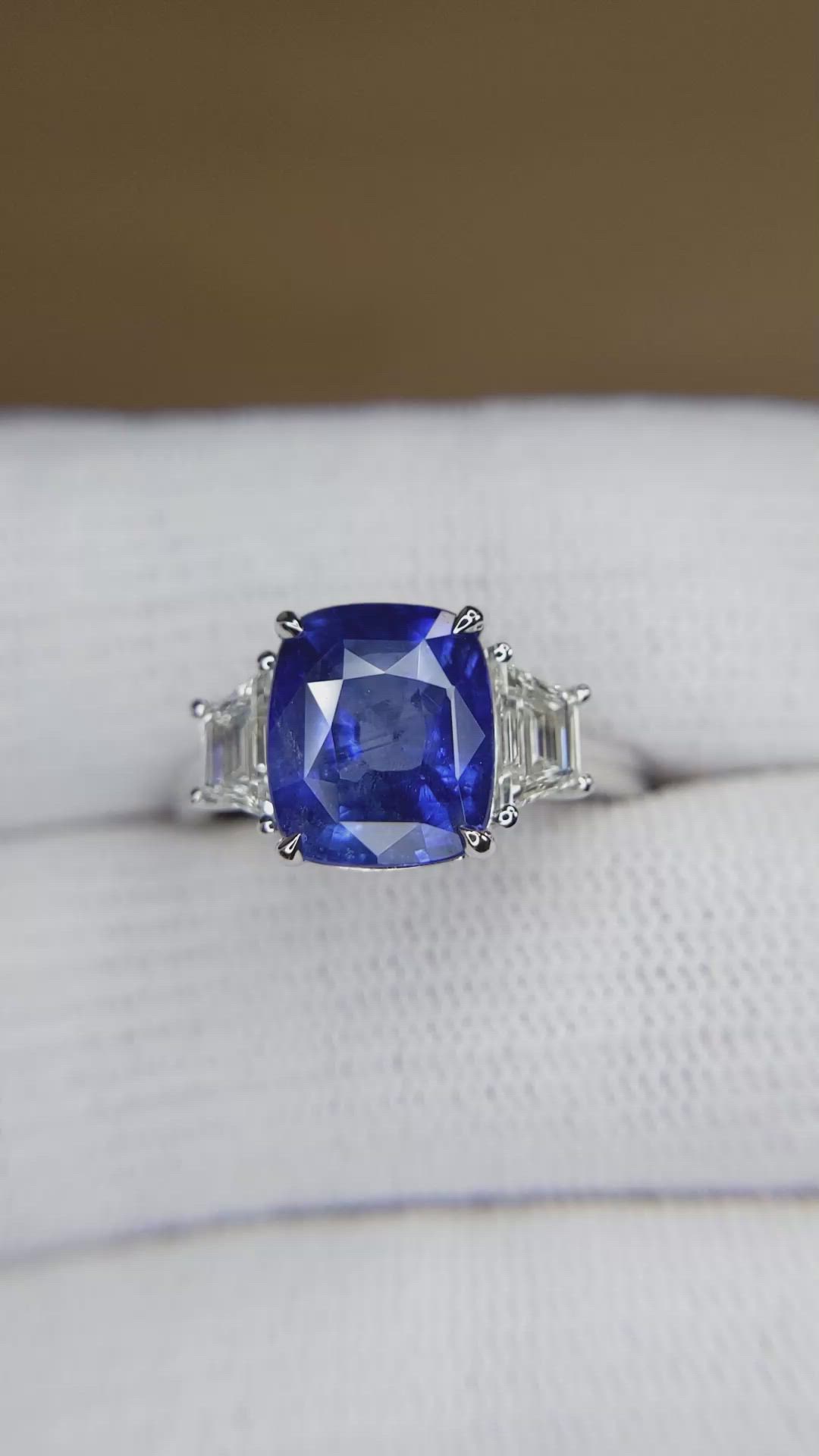 4.31 Ct. Blue Sapphire and Natural Diamond Three Stone Ring, 18K White Gold Size Video