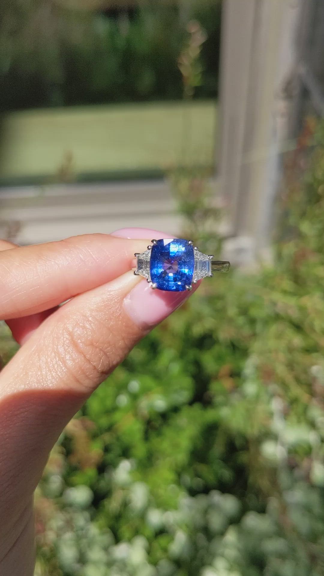 4.31 Ct. Blue Sapphire and Natural Diamond Three Stone Ring, 18K White Gold Size Video