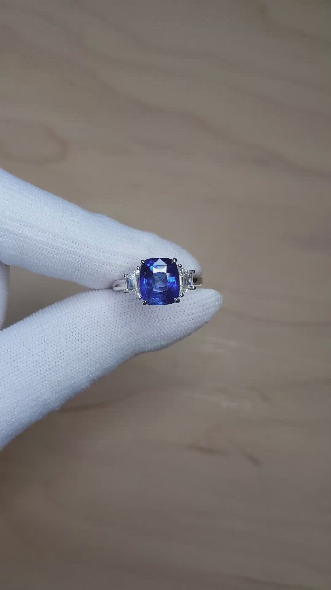 4.31 Ct. Blue Sapphire and Natural Diamond Three Stone Ring, 18K White Gold Size Video