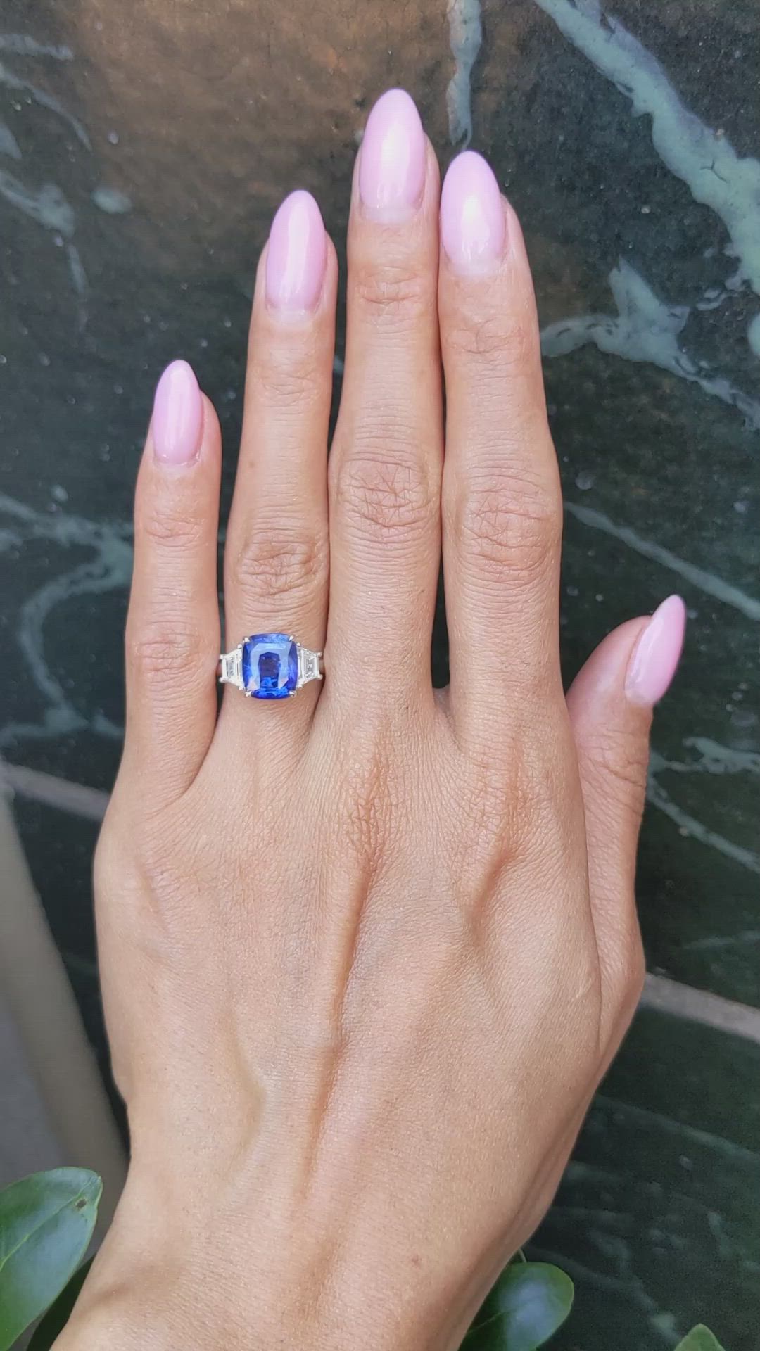 4.31 Ct. Blue Sapphire and Natural Diamond Three Stone Ring, 18K White Gold Size Video