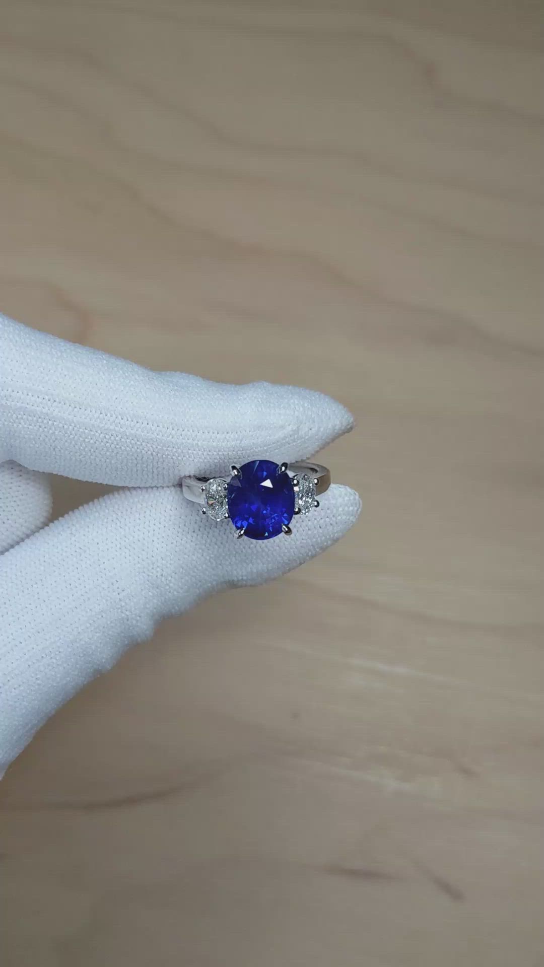 4.57 Ct. Blue Sapphire and Natural Diamond Three Stone Ring, Platinum 950 Size Video
