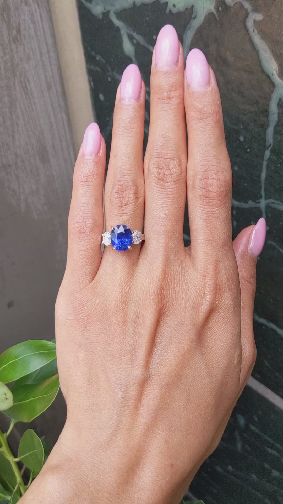 4.57 Ct. Blue Sapphire and Natural Diamond Three Stone Ring, Platinum 950 Size Video