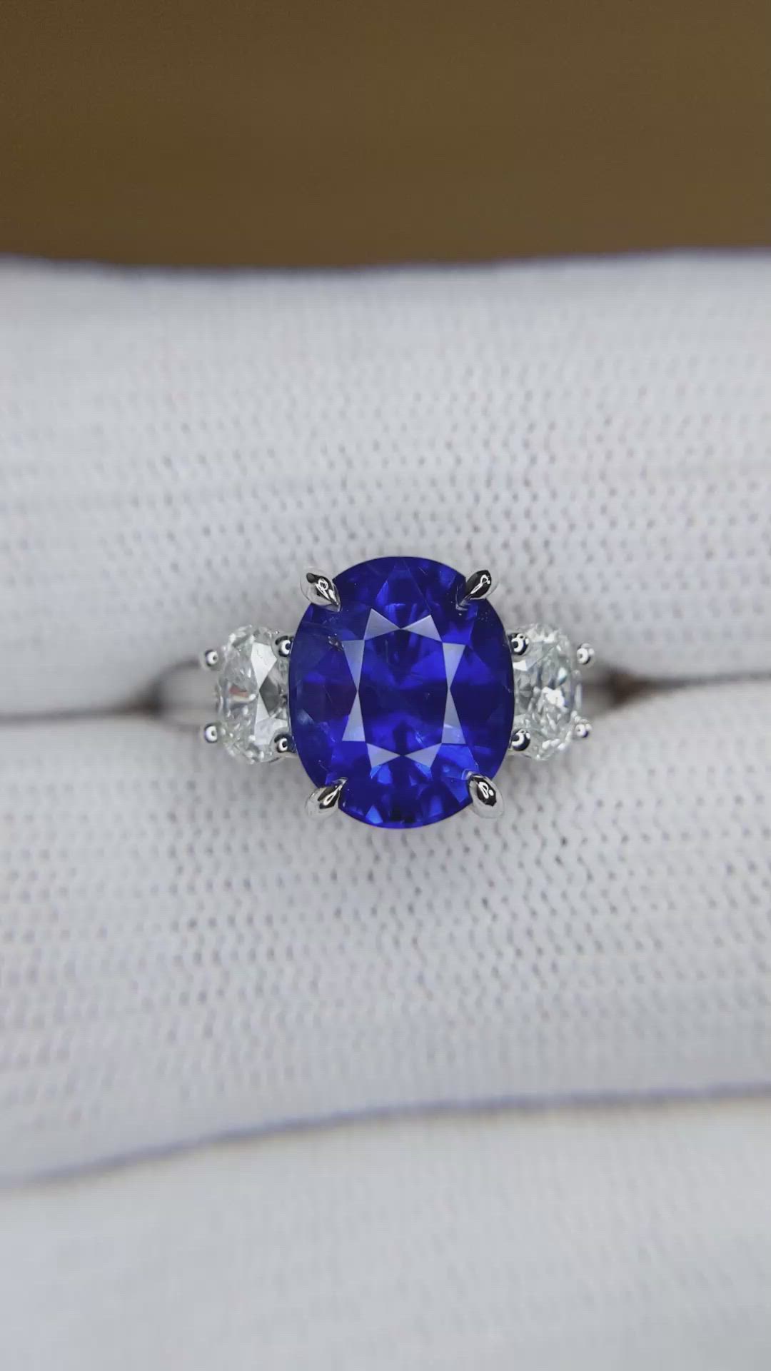 4.57 Ct. Blue Sapphire and Natural Diamond Three Stone Ring, Platinum 950 Size Video