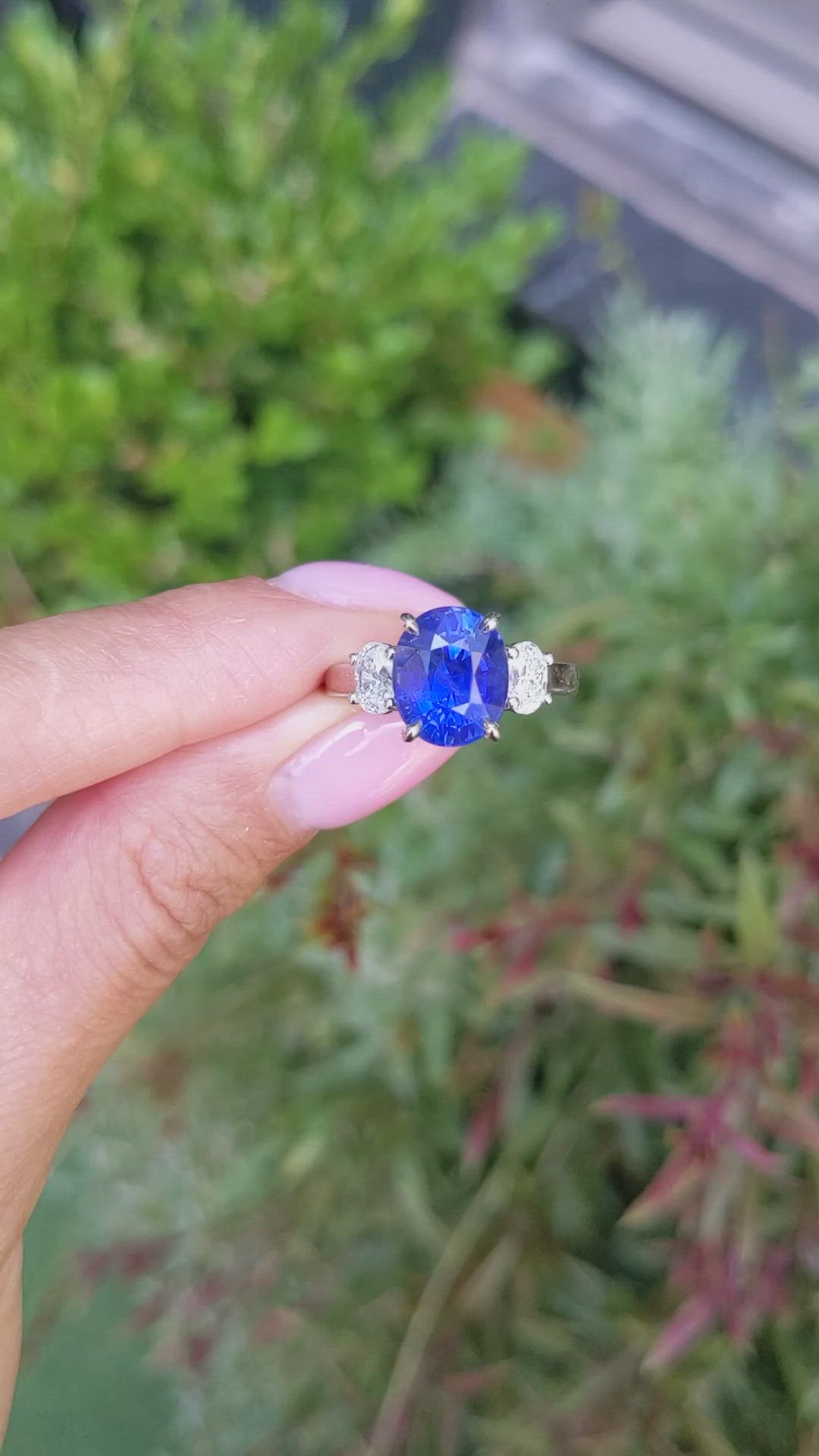 4.57 Ct. Blue Sapphire and Natural Diamond Three Stone Ring, Platinum 950 Size Video