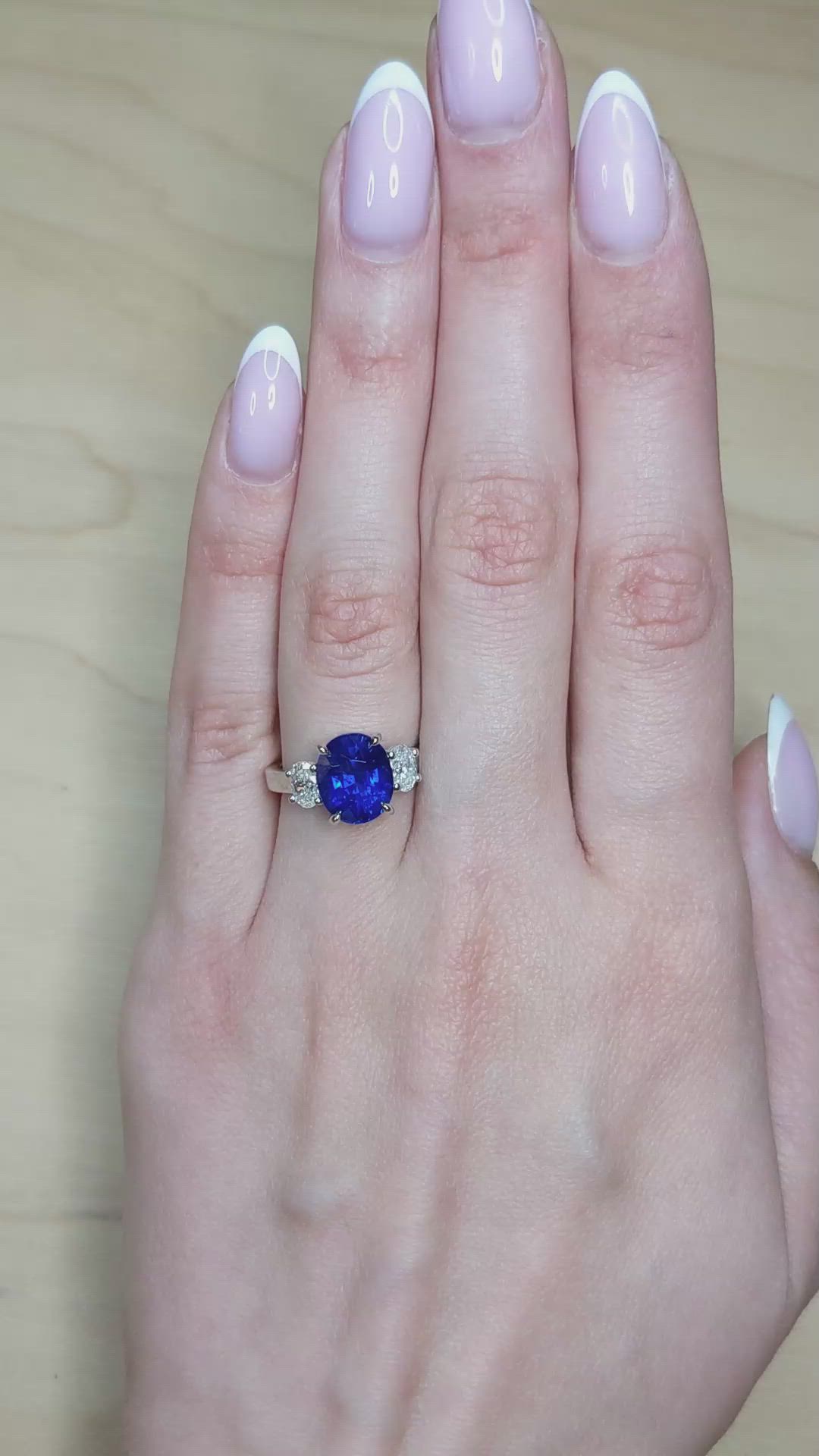 4.57 Ct. Blue Sapphire and Natural Diamond Three Stone Ring, Platinum 950 Size Video