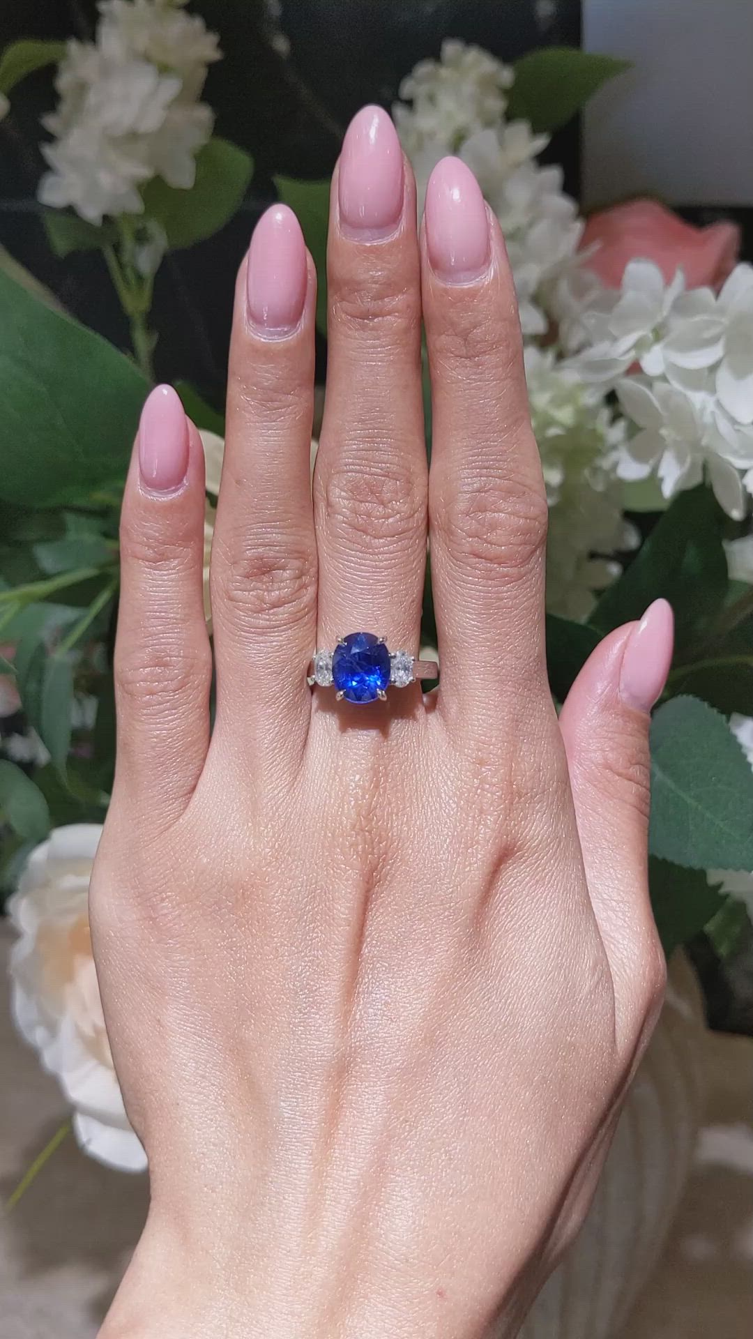 4.57 Ct. Blue Sapphire and Natural Diamond Three Stone Ring, Platinum 950 Size Video