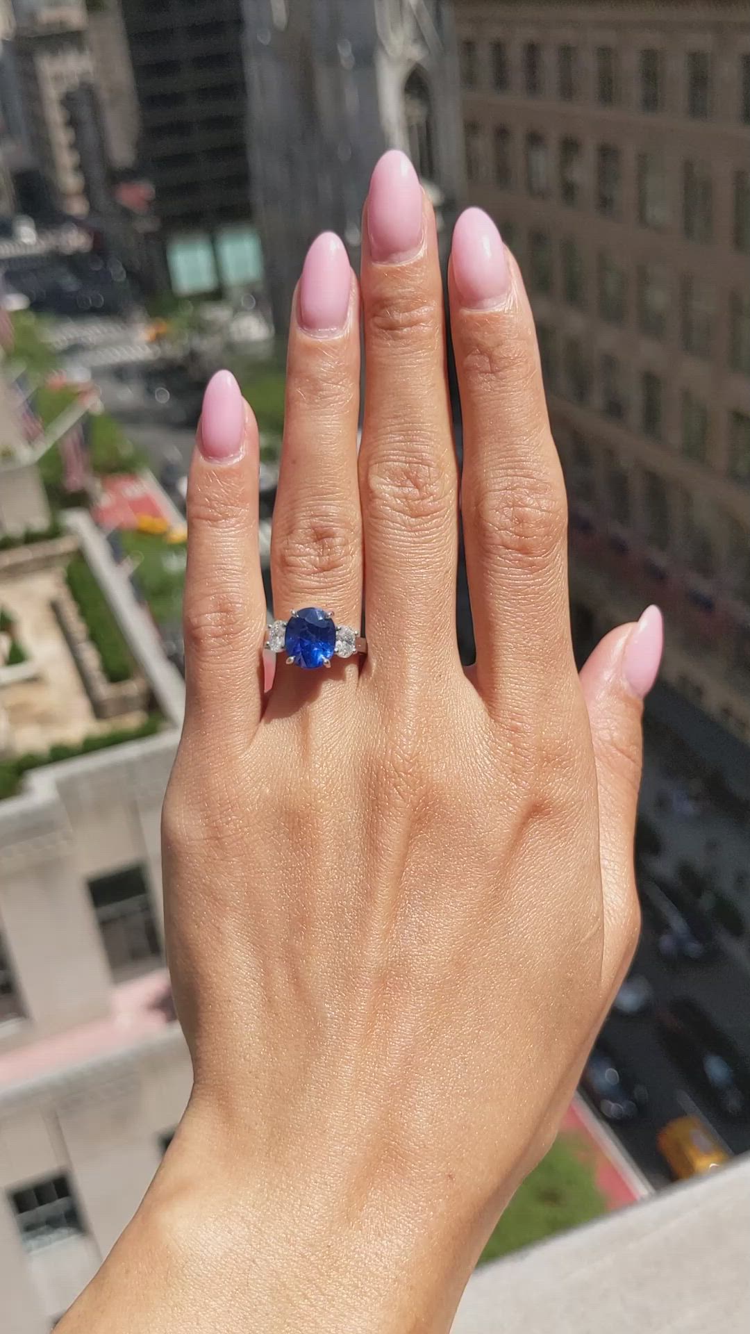 4.57 Ct. Blue Sapphire and Natural Diamond Three Stone Ring, Platinum 950 Size Video