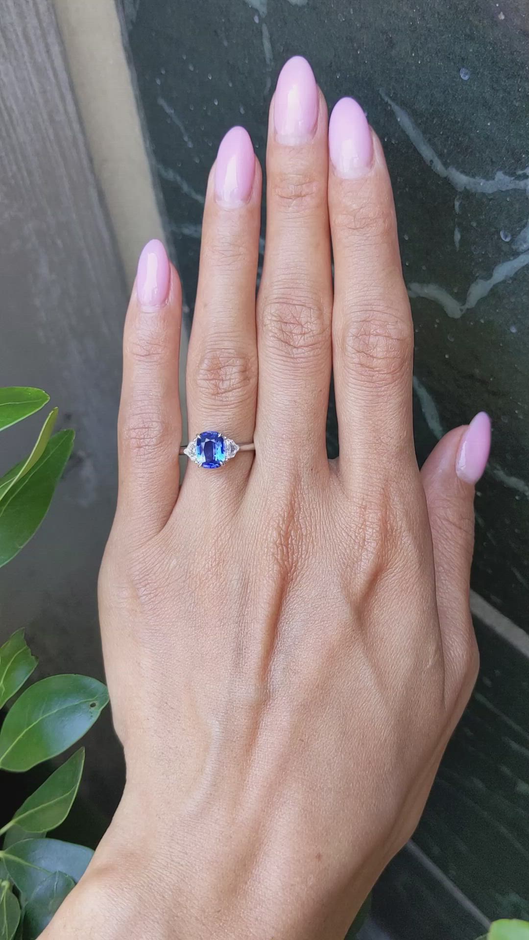 1.76 Ct. Blue Sapphire and Natural Diamond Three Stone Ring, 18K White Gold Size Video