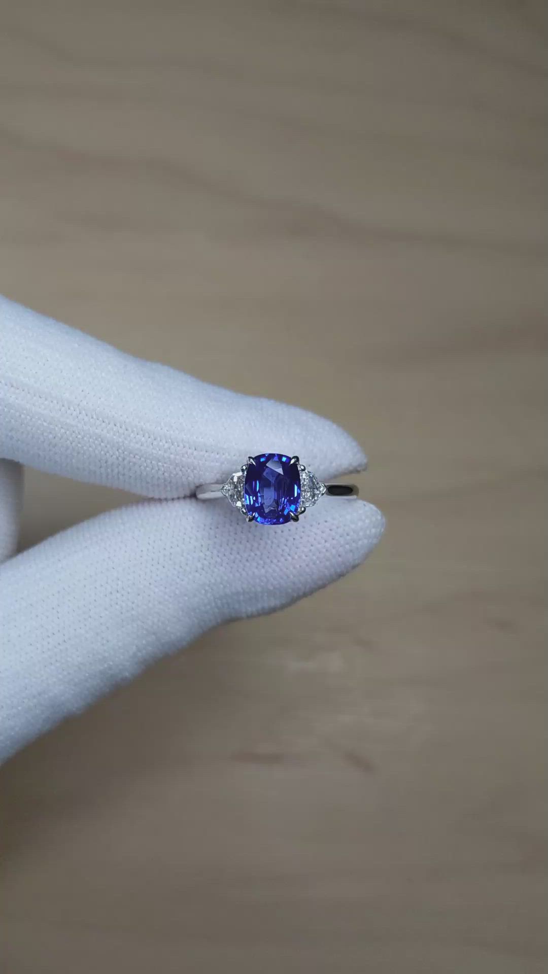 1.76 Ct. Blue Sapphire and Natural Diamond Three Stone Ring, 18K White Gold Size Video