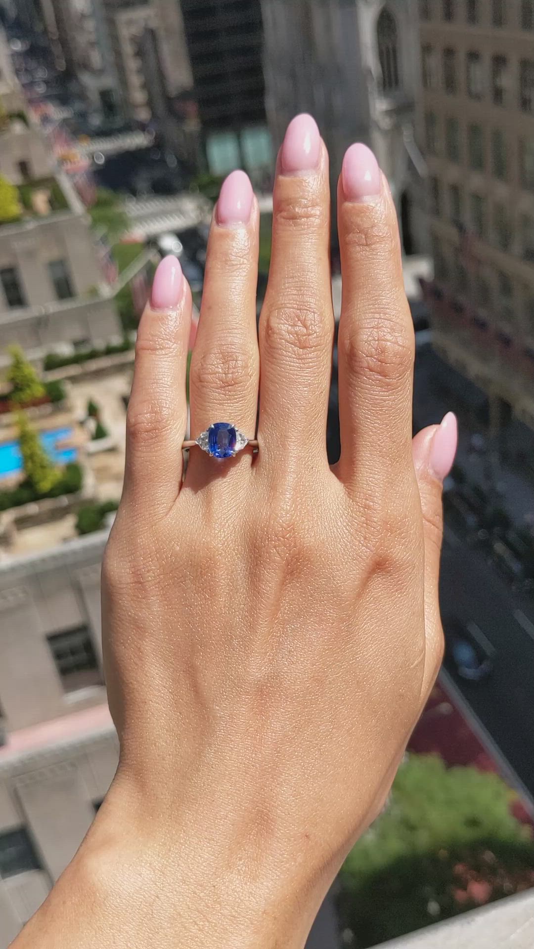 1.76 Ct. Blue Sapphire and Natural Diamond Three Stone Ring, 18K White Gold Size Video