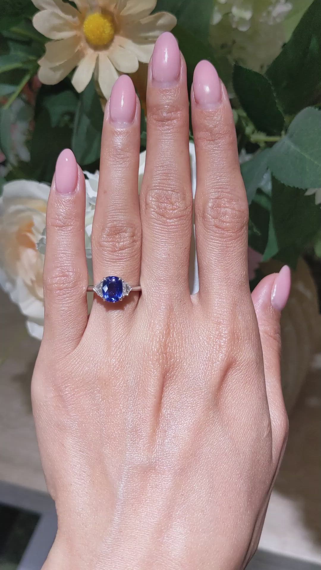 1.76 Ct. Blue Sapphire and Natural Diamond Three Stone Ring, 18K White Gold Size Video