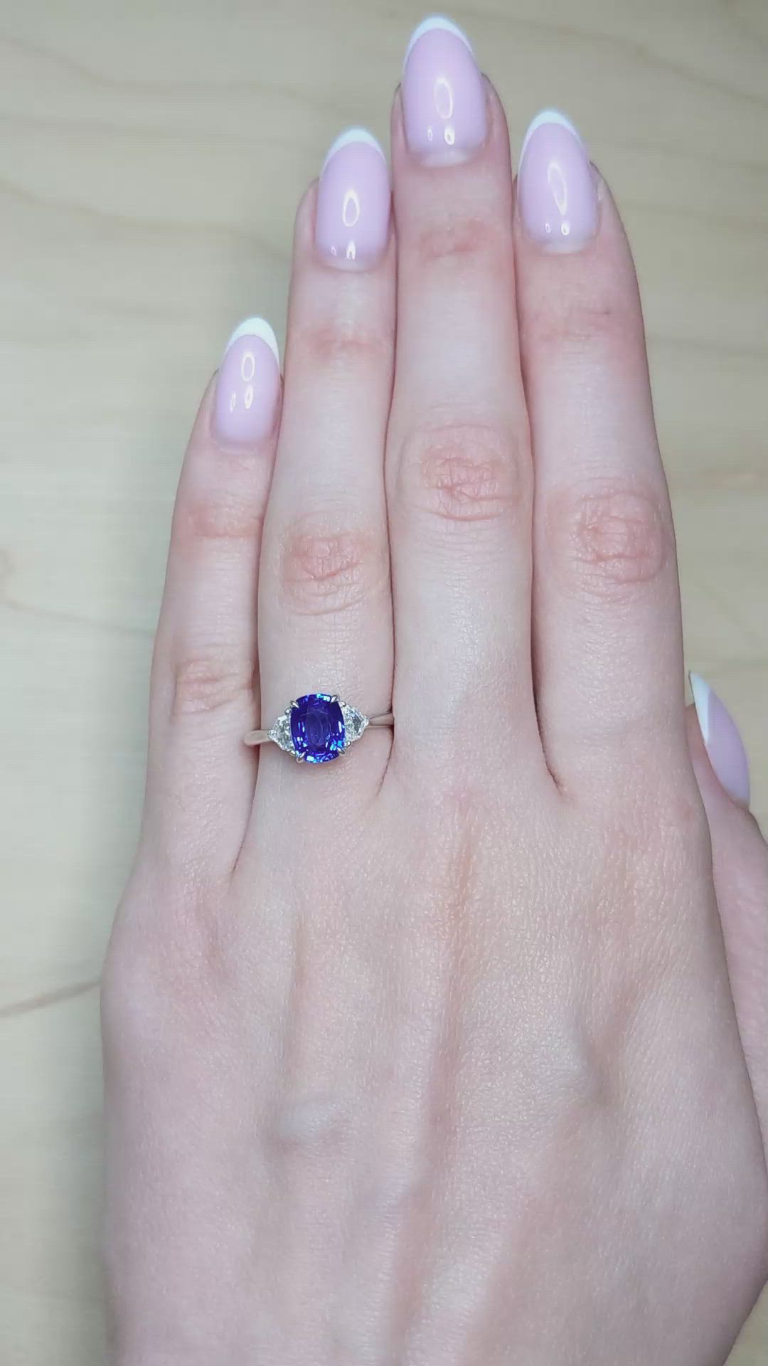 1.76 Ct. Blue Sapphire and Natural Diamond Three Stone Ring, 18K White Gold Size Video