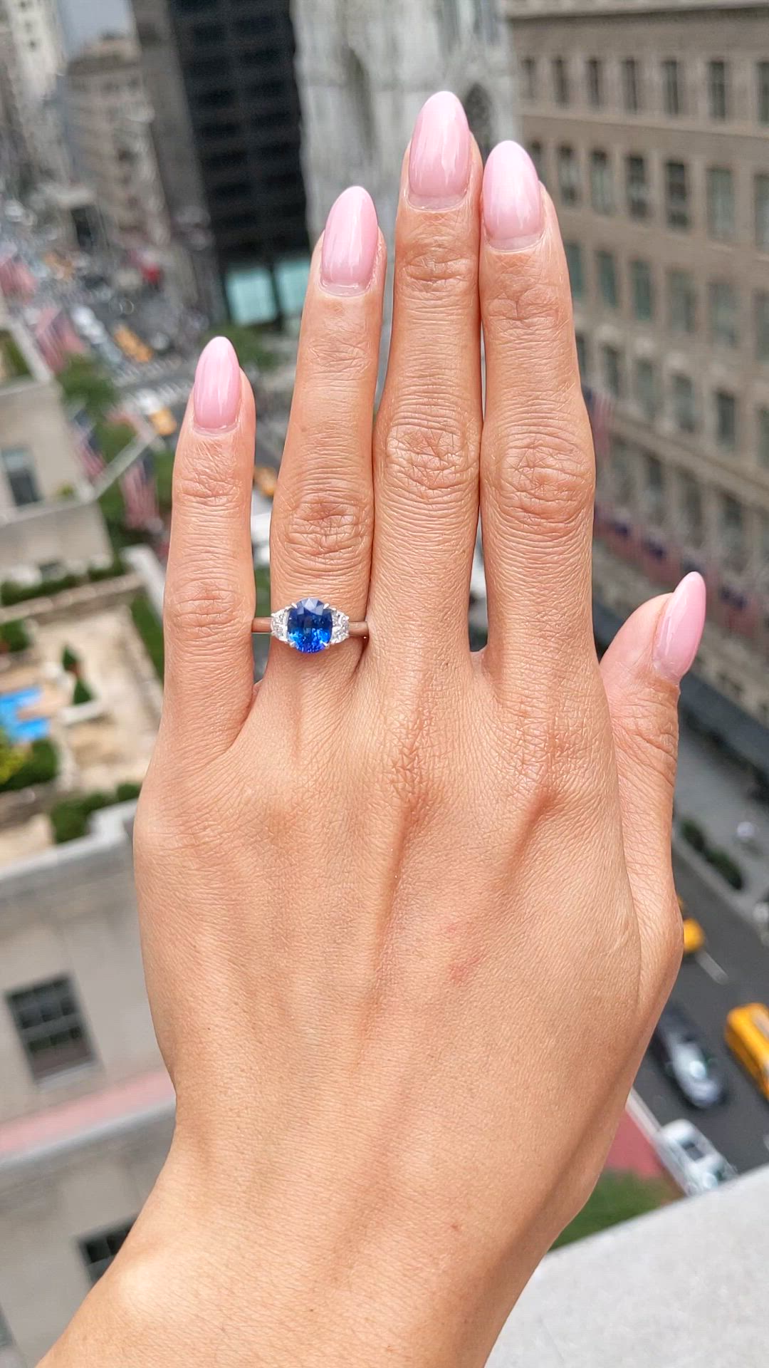 2.24 Ct. Blue Sapphire and Natural Diamond Three Stone Ring, 18K White Gold Size Video