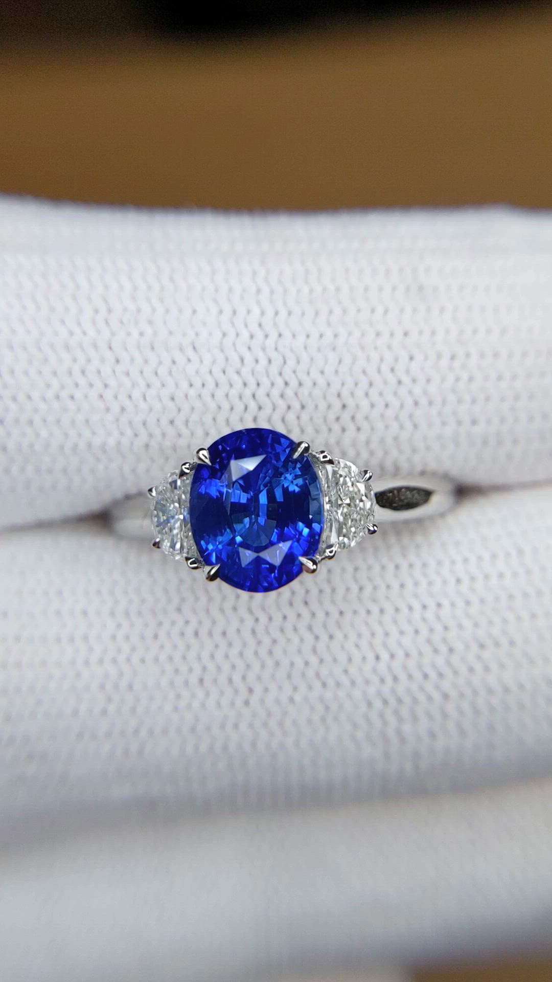2.24 Ct. Blue Sapphire and Natural Diamond Three Stone Ring, 18K White Gold Size Video
