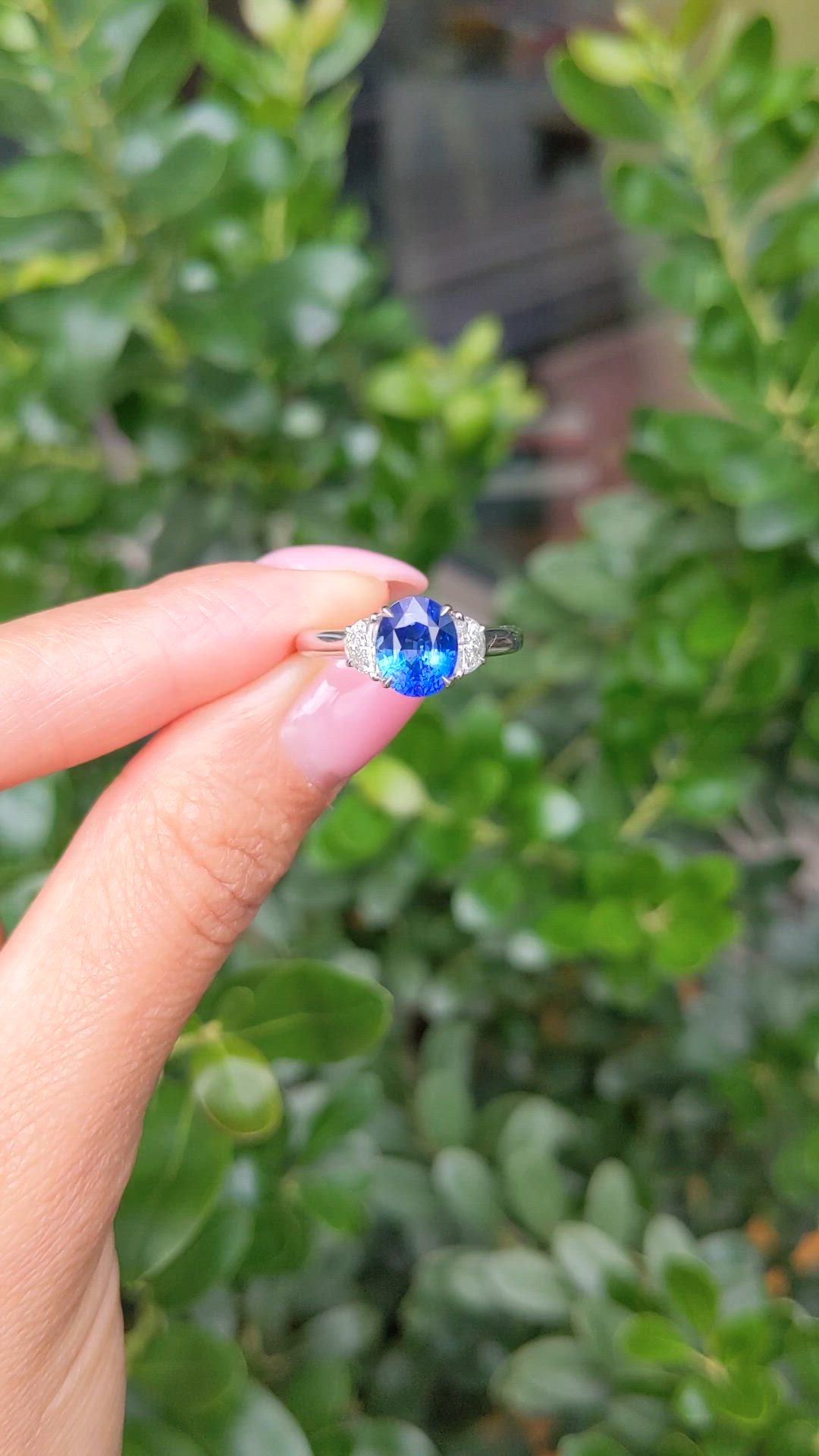 2.24 Ct. Blue Sapphire and Natural Diamond Three Stone Ring, 18K White Gold Size Video
